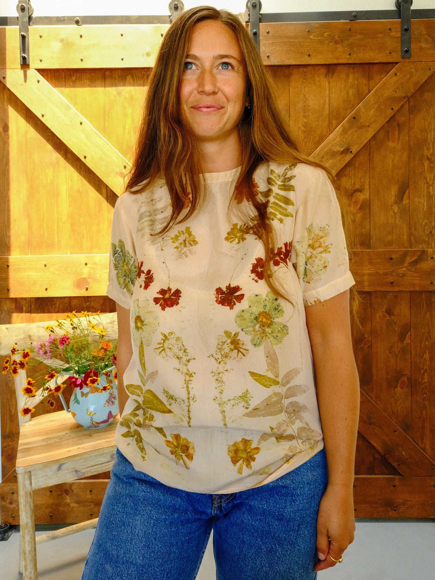 Eco-printed Silk Short Sleeve Blouse