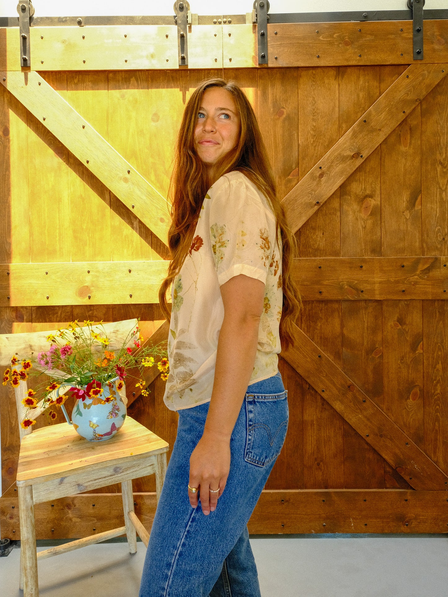 Eco-printed Silk Short Sleeve Blouse