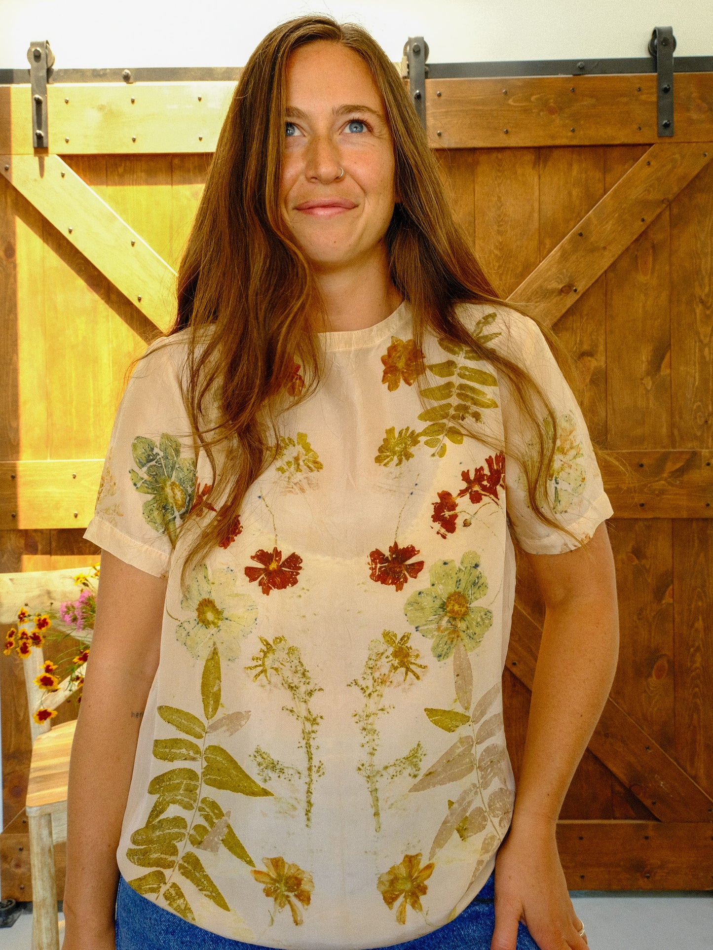 Eco-printed Silk Short Sleeve Blouse