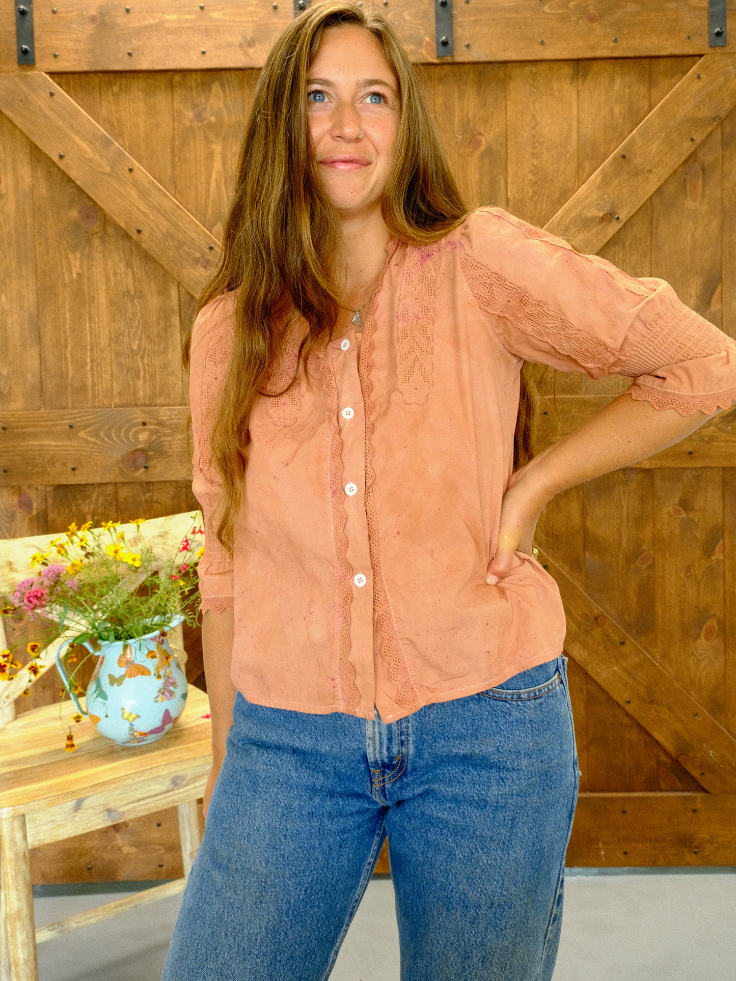 Cutch & Lac Flower Trim 3/4" Sleeve Blouse