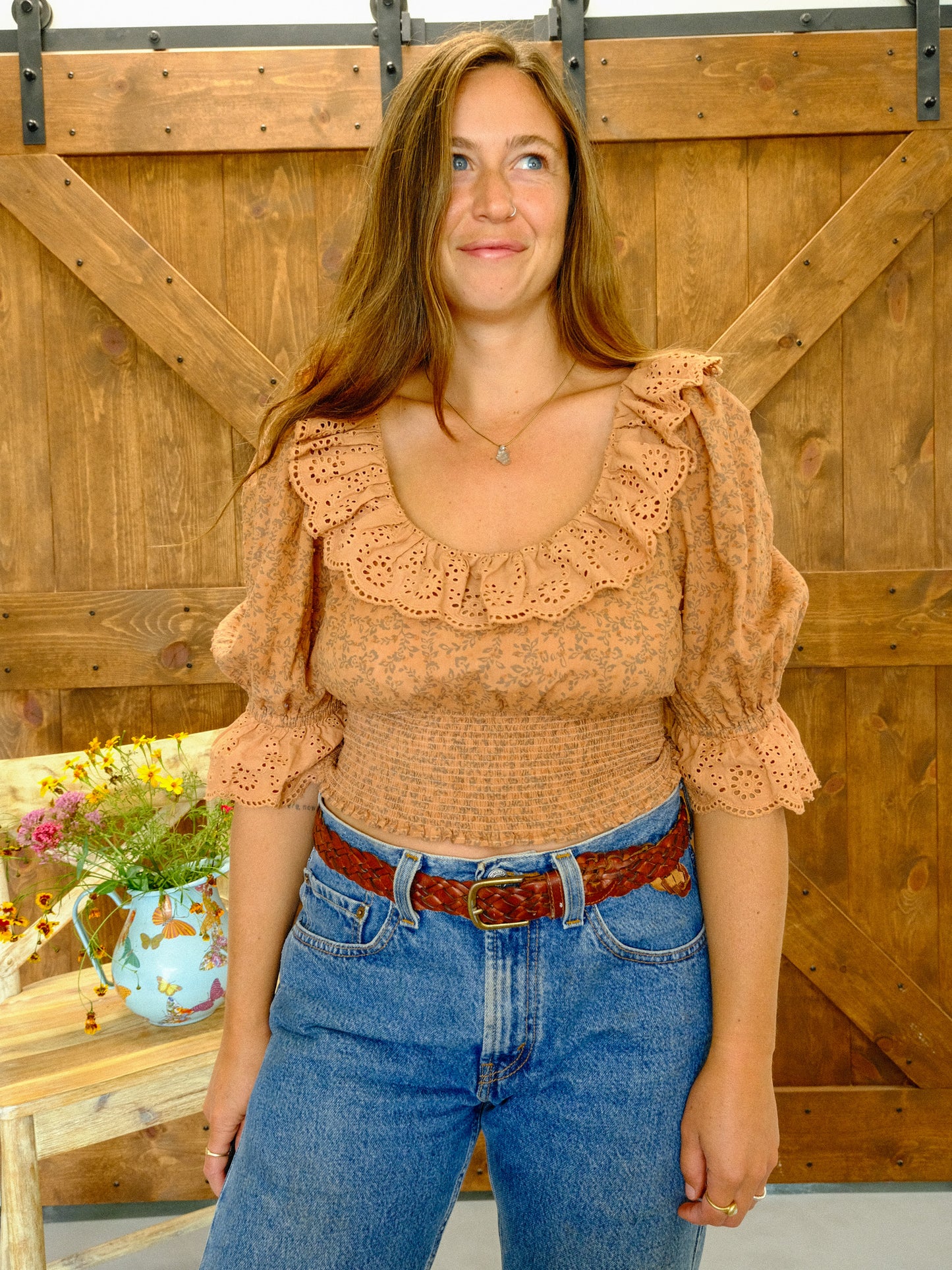 Cutch Eyelet Neckline Smocked Crop