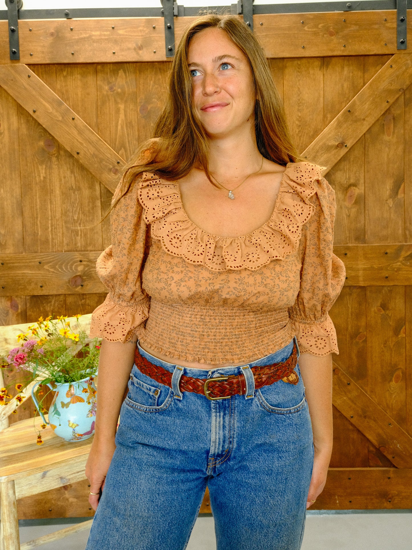 Cutch Eyelet Neckline Smocked Crop