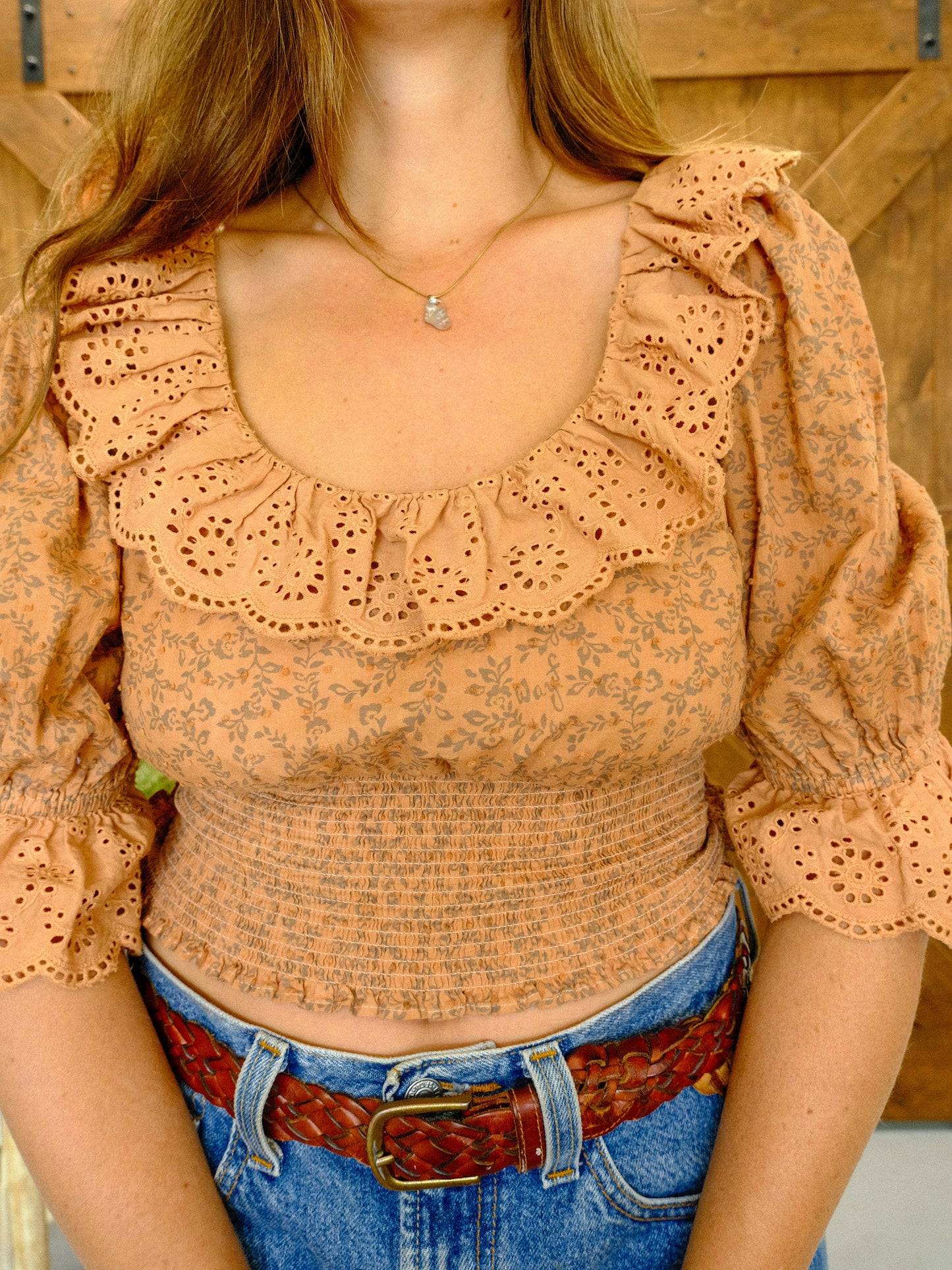 Cutch Eyelet Neckline Smocked Crop