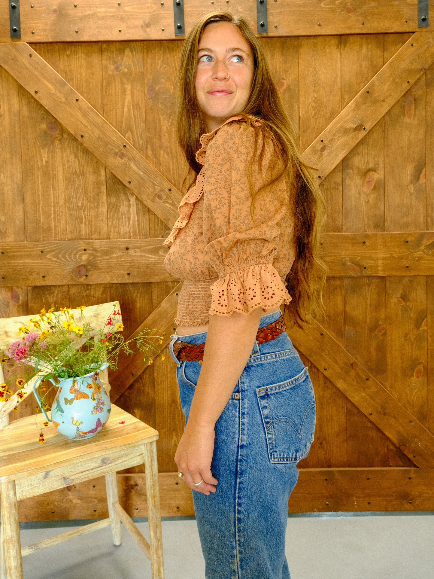 Cutch Eyelet Neckline Smocked Crop