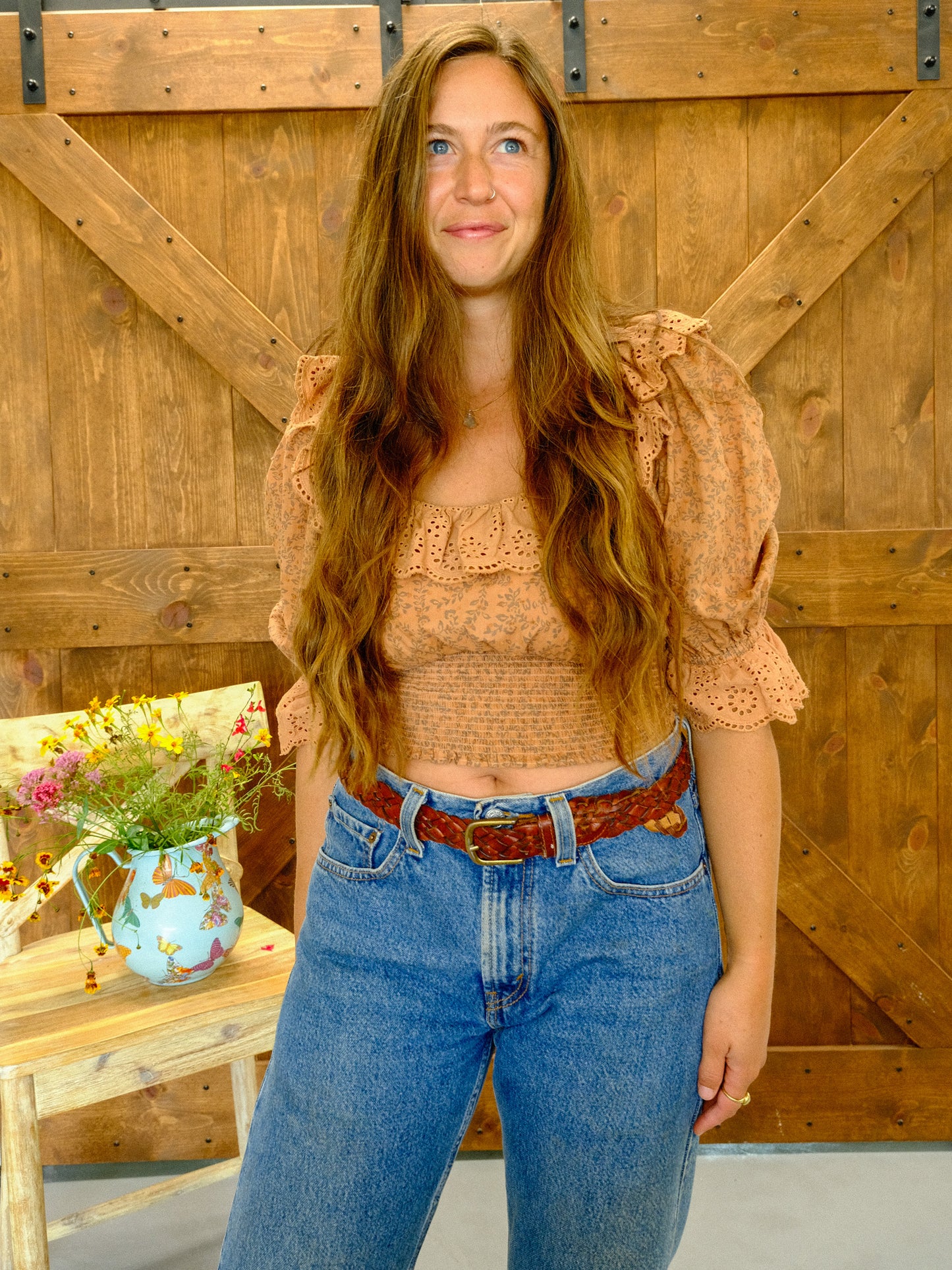 Cutch Eyelet Neckline Smocked Crop