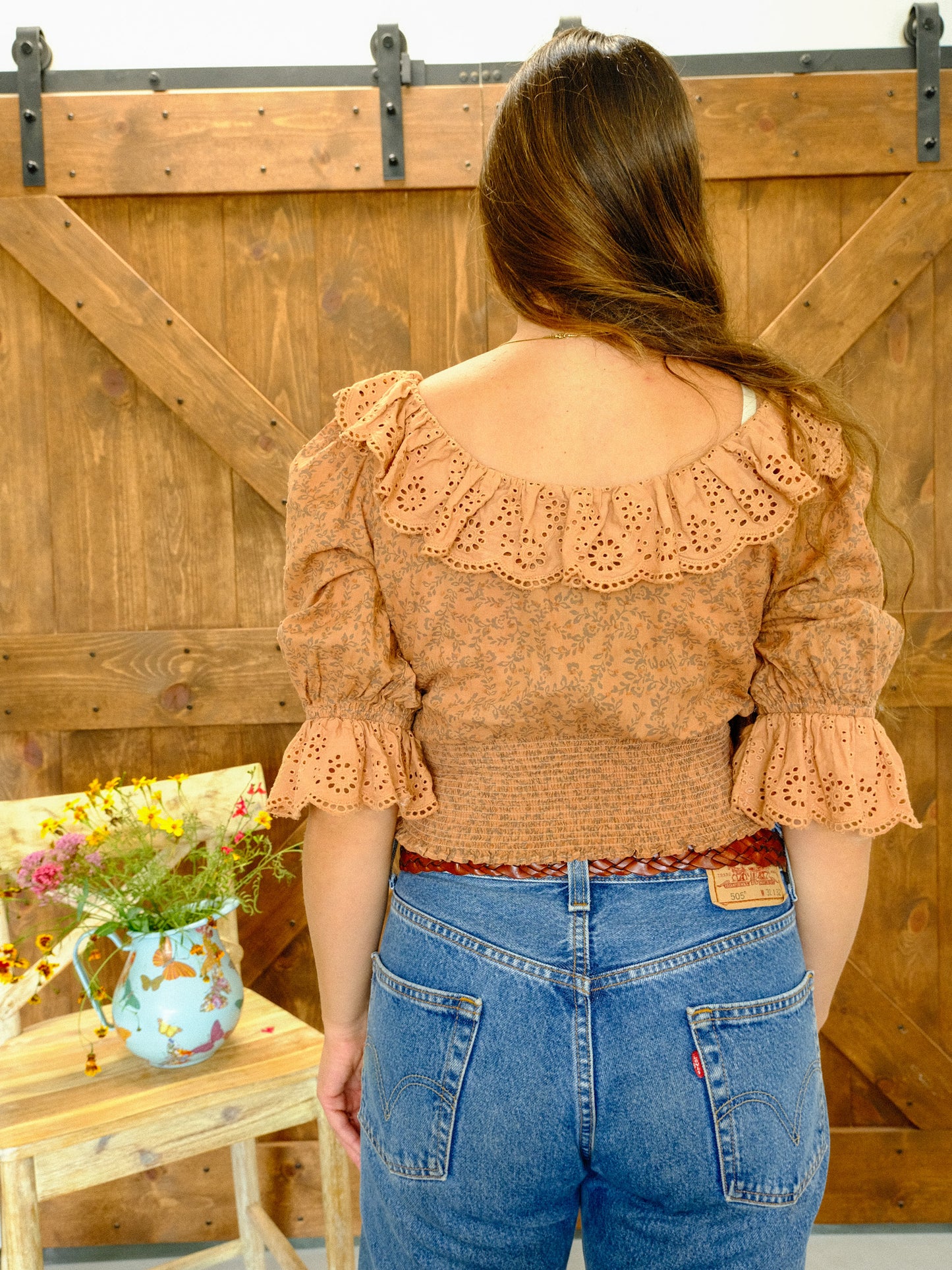 Cutch Eyelet Neckline Smocked Crop