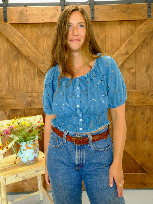 Indigo Eyelet Puff Sleeve Crop