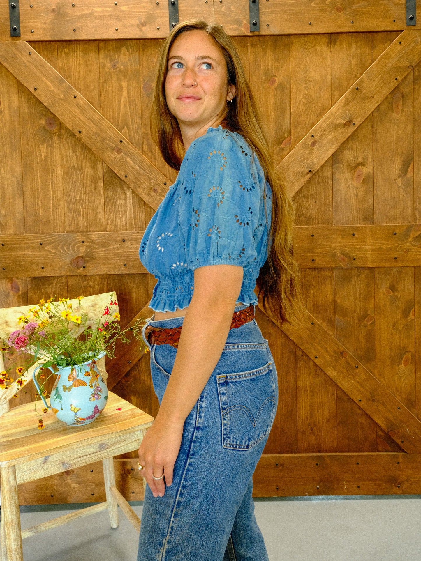Indigo Eyelet Puff Sleeve Crop