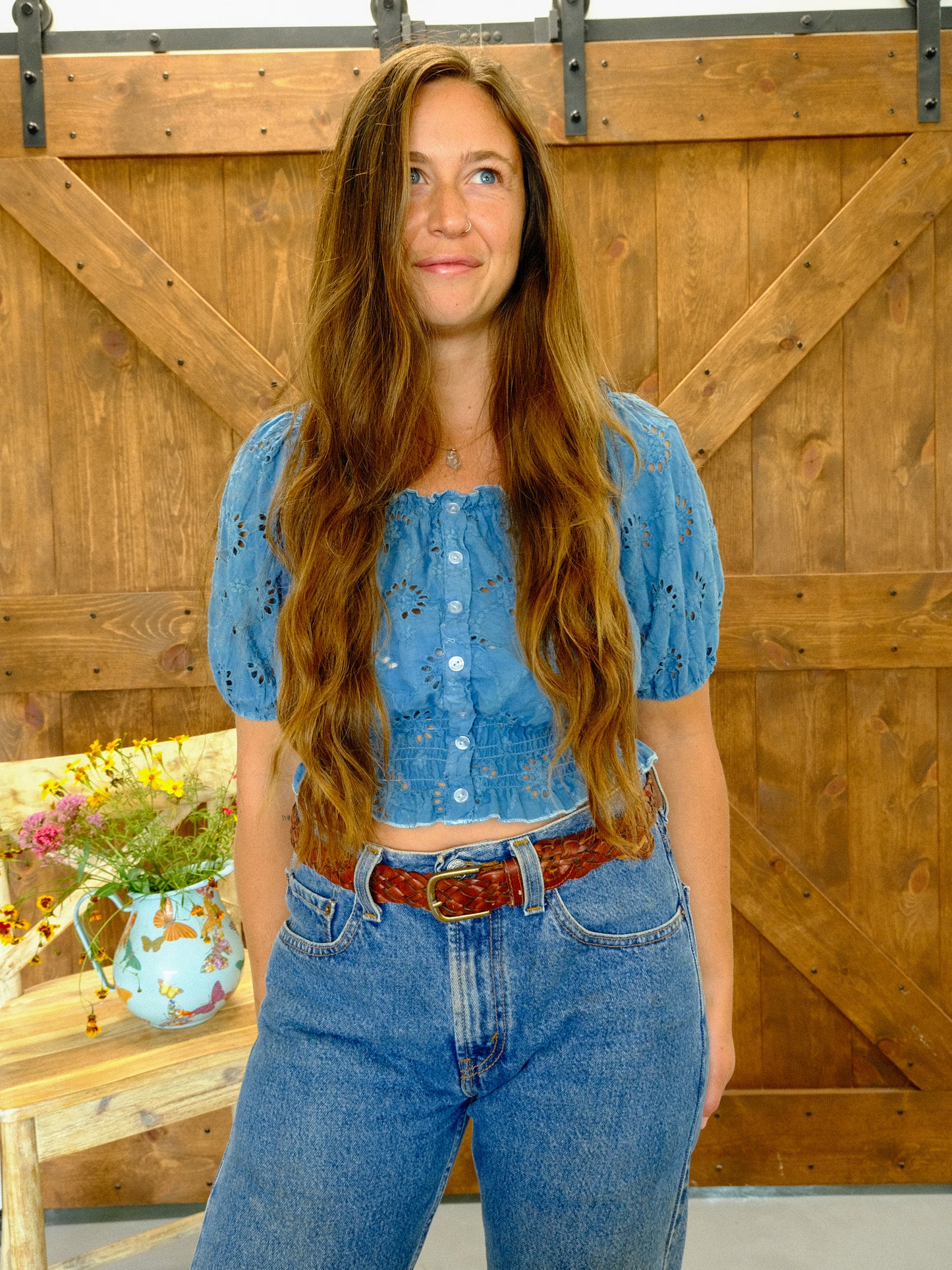 Indigo Eyelet Puff Sleeve Crop
