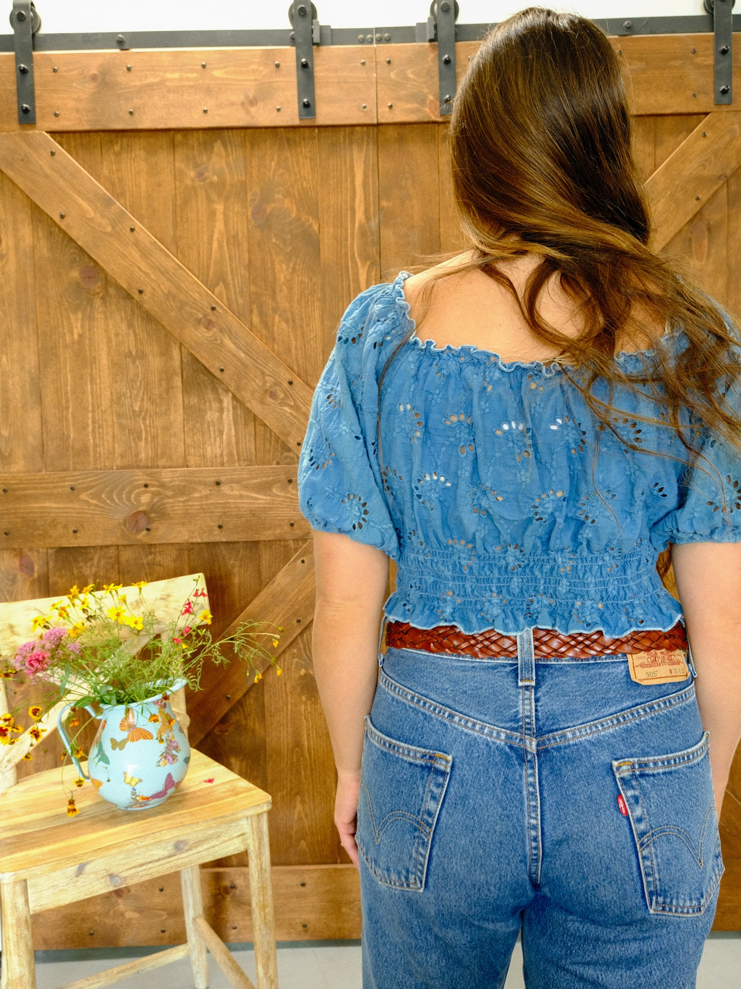 Indigo Eyelet Puff Sleeve Crop