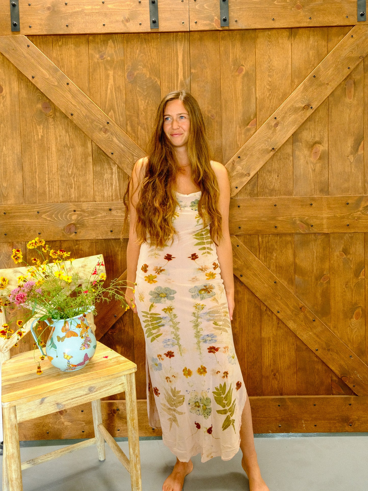 Eco-printed Silk Cowl Neck Maxi Dress