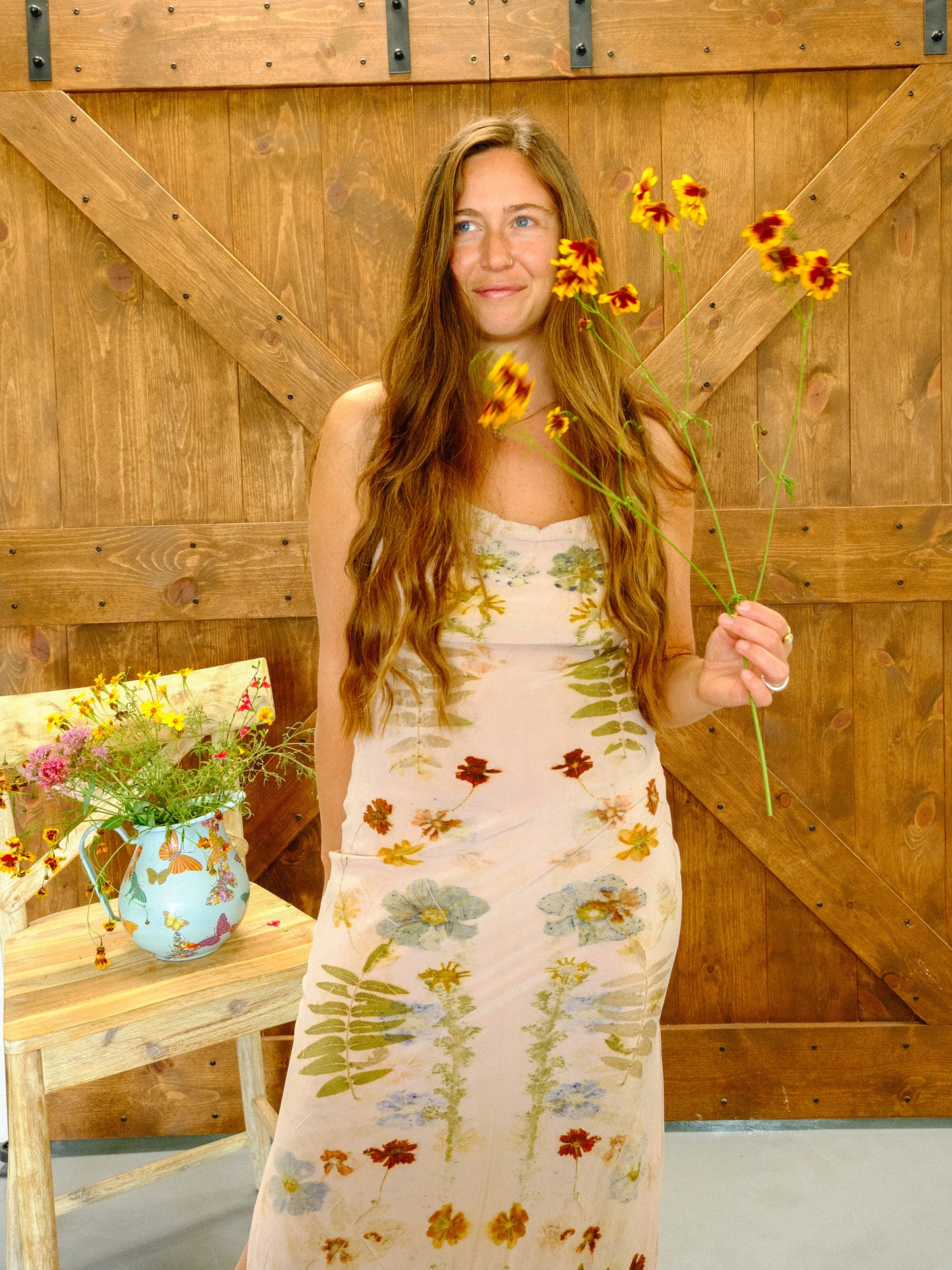 Eco-printed Silk Cowl Neck Maxi Dress