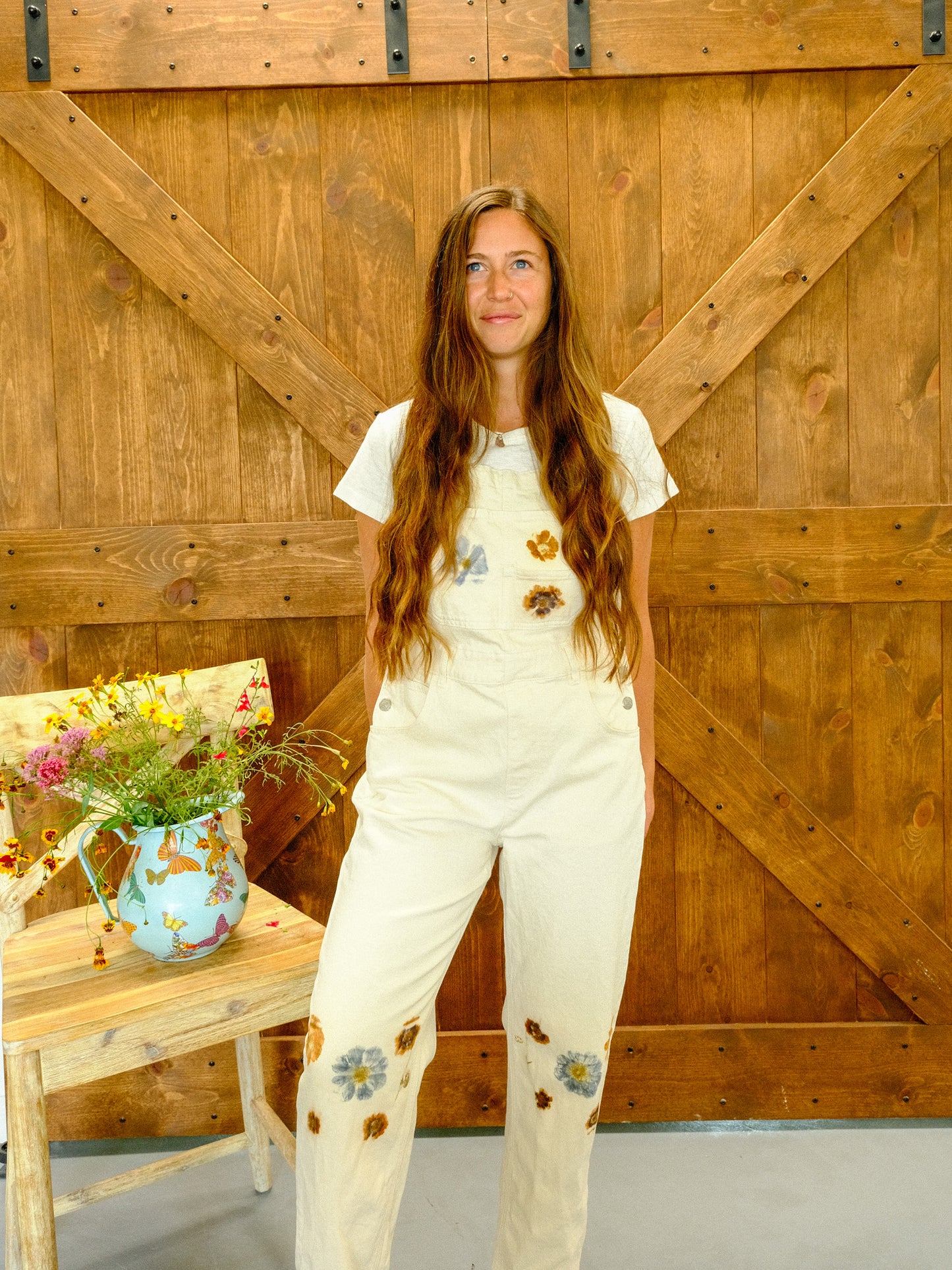Flower Hammered White Denim Overalls