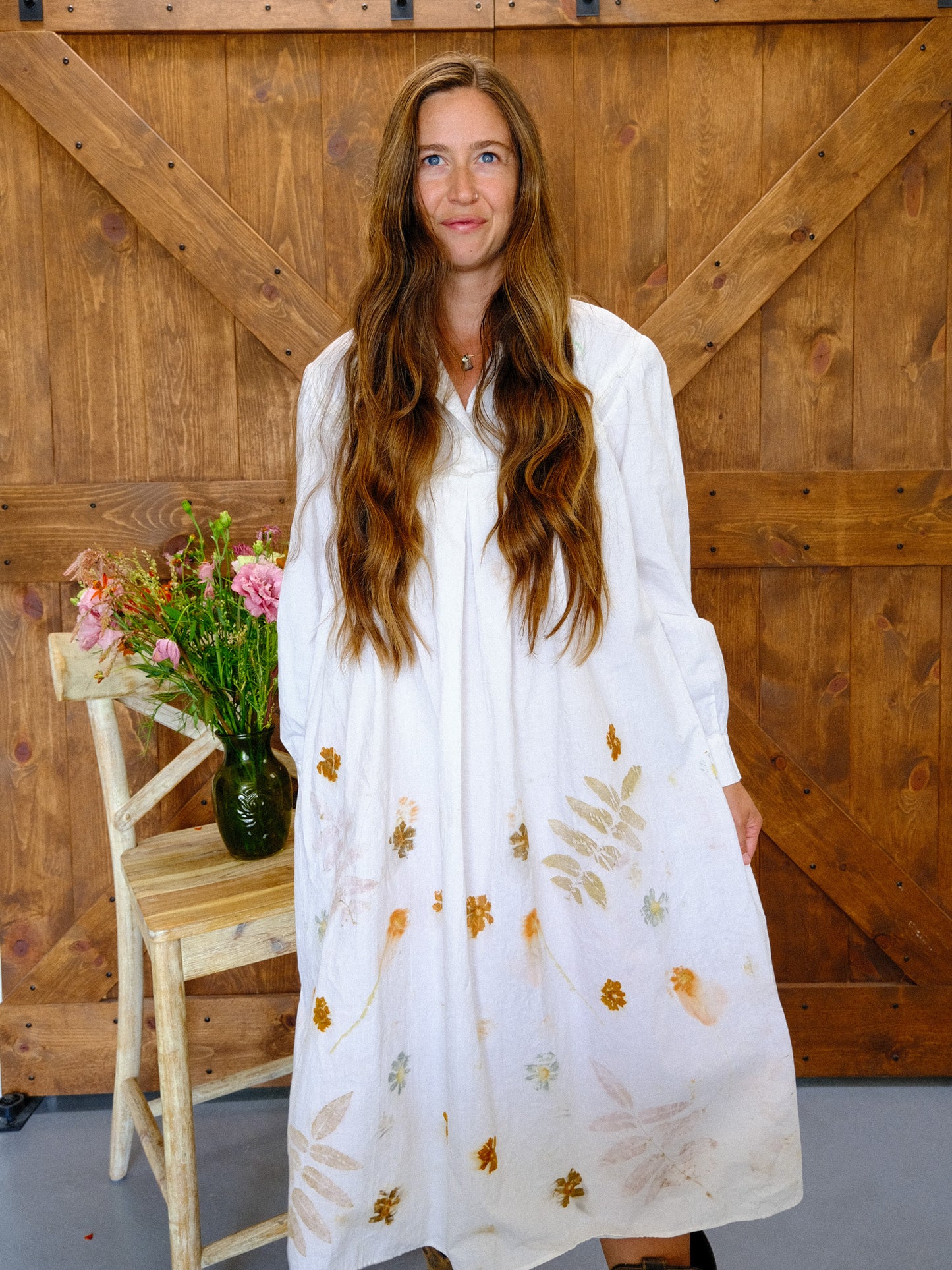 Antique European Eco-Printed Shirt Dress With Green Ribbon