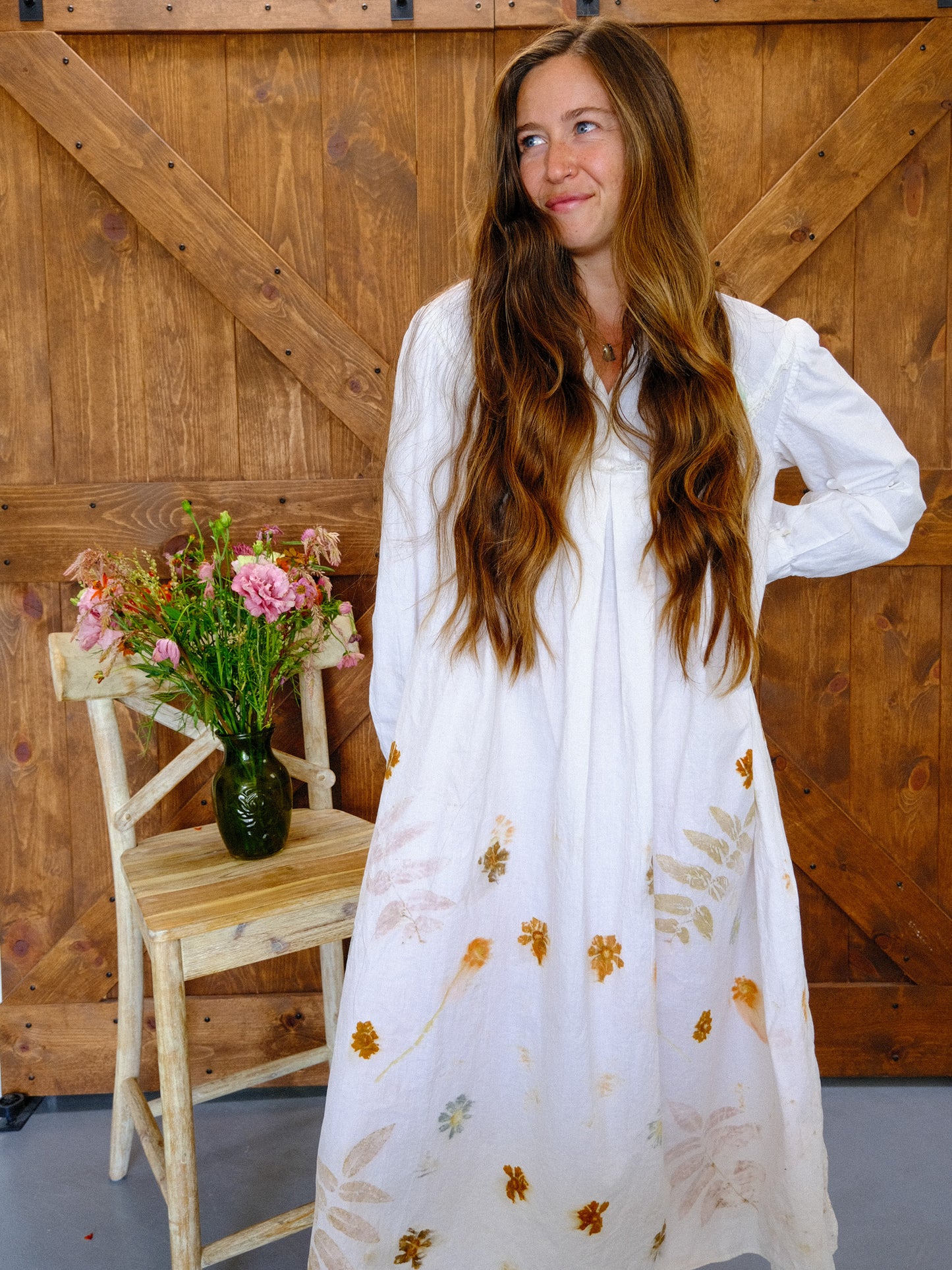 Antique European Eco-Printed Shirt Dress With Green Ribbon