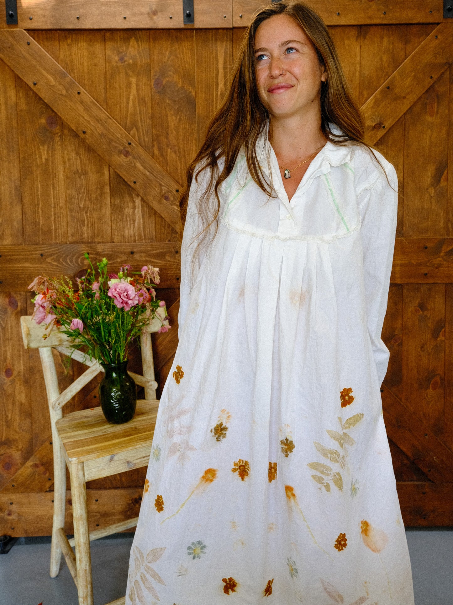 Antique European Eco-Printed Shirt Dress With Green Ribbon