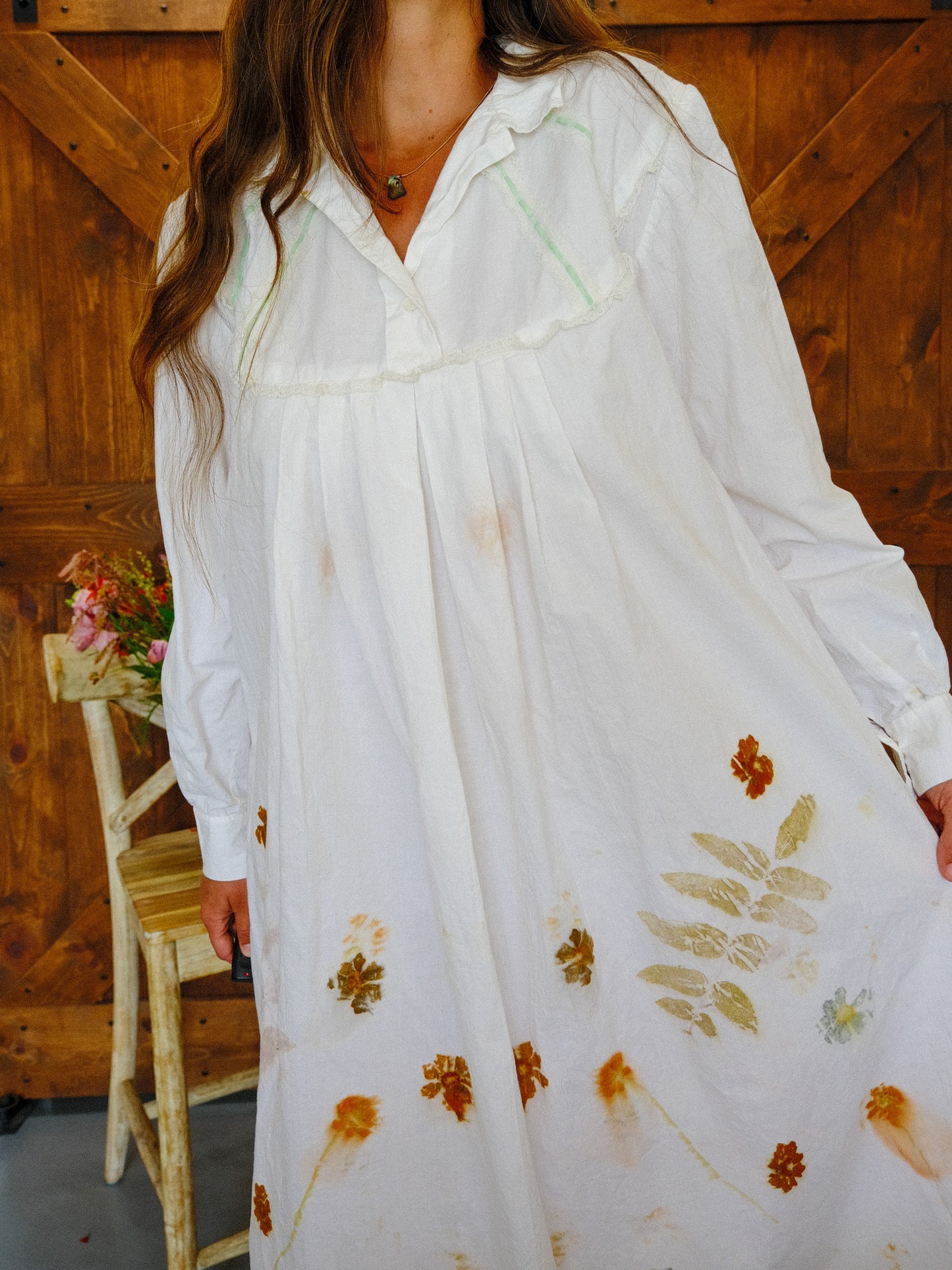 Antique European Eco-Printed Shirt Dress With Green Ribbon