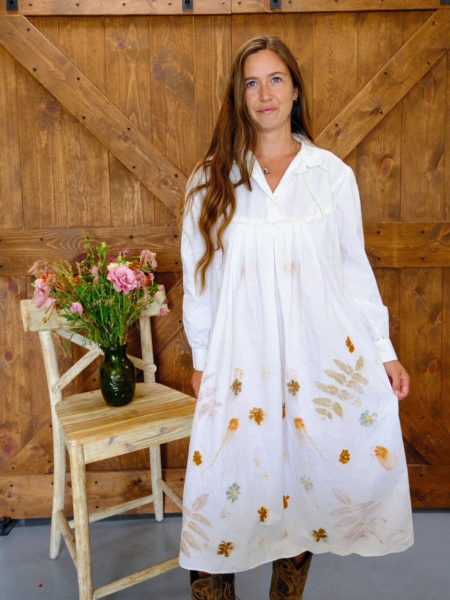 Antique European Eco-Printed Shirt Dress With Green Ribbon