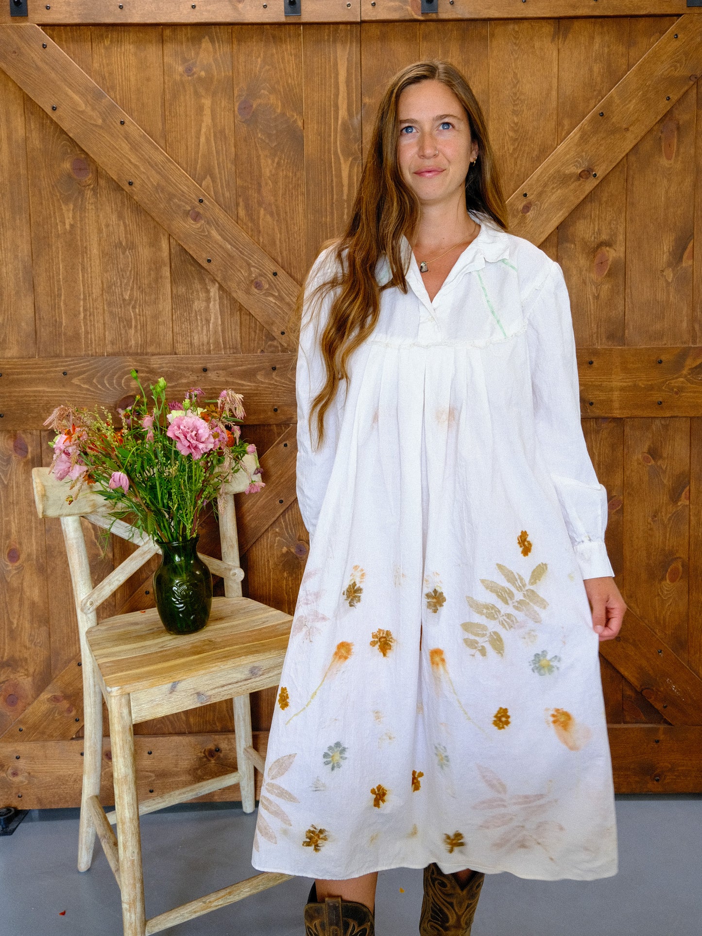 Antique European Eco-Printed Shirt Dress With Green Ribbon