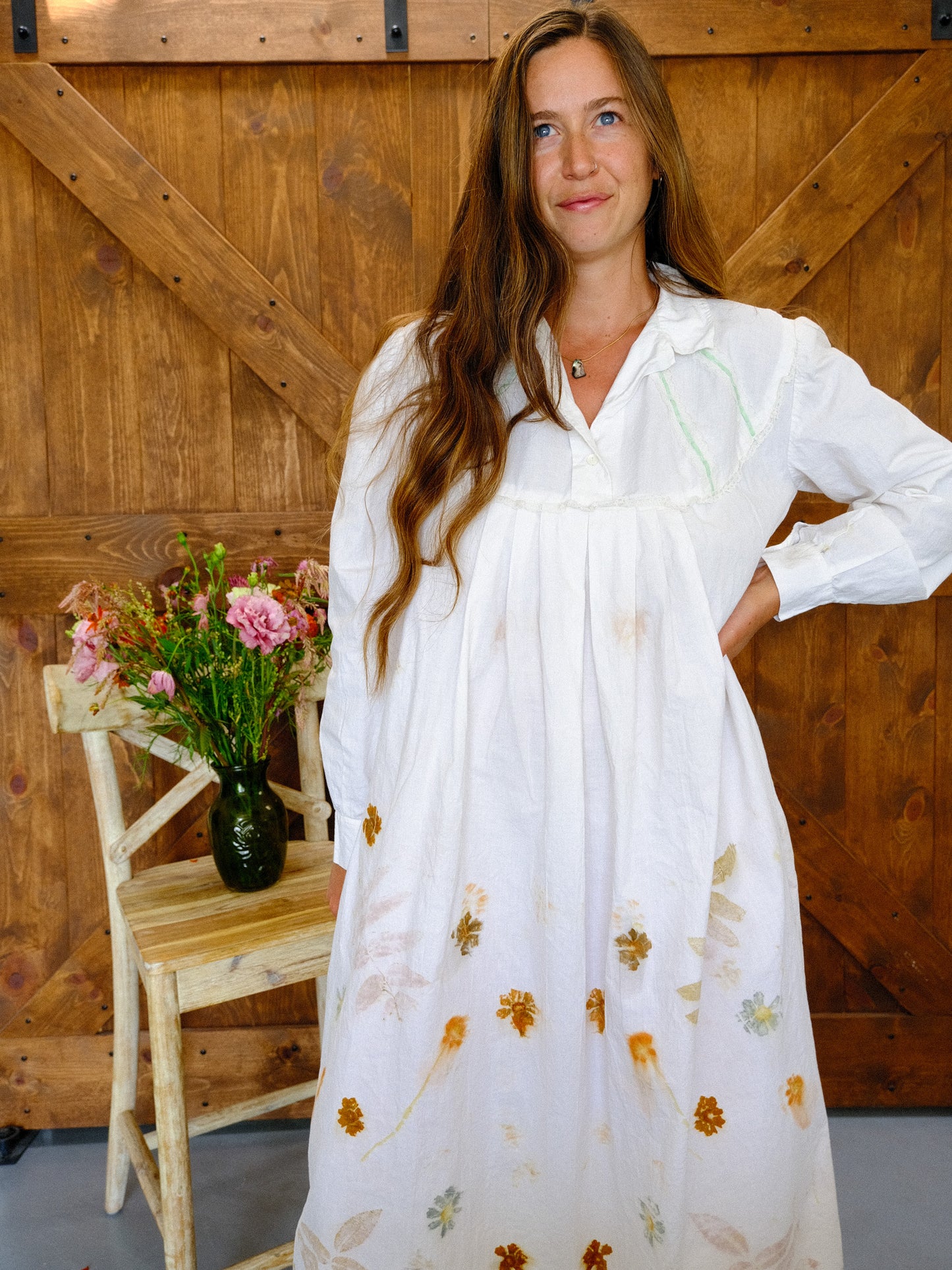 Antique European Eco-Printed Shirt Dress With Green Ribbon