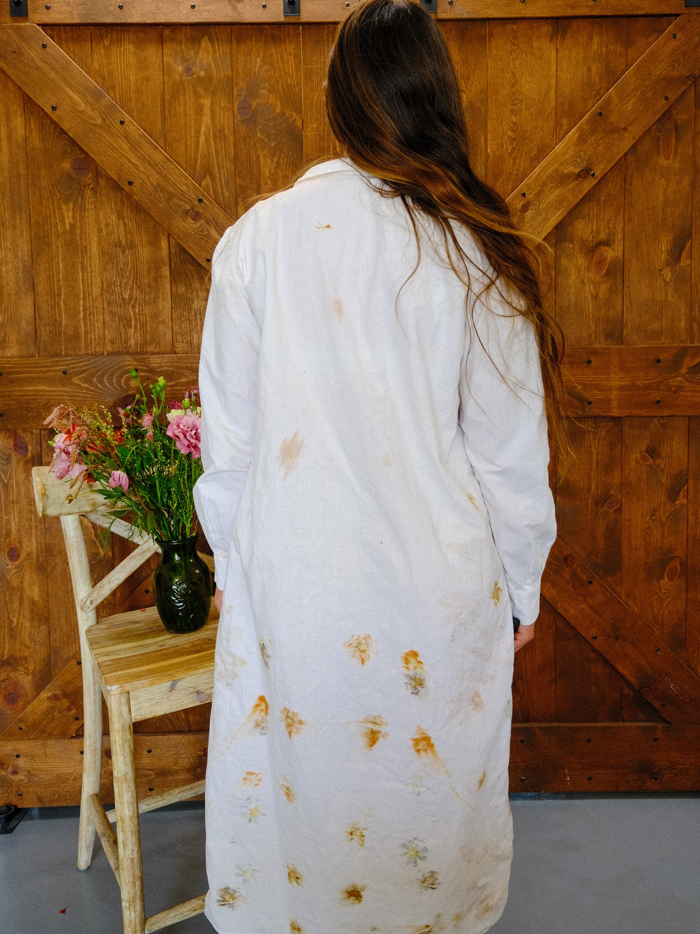 Antique European Eco-Printed Shirt Dress With Green Ribbon