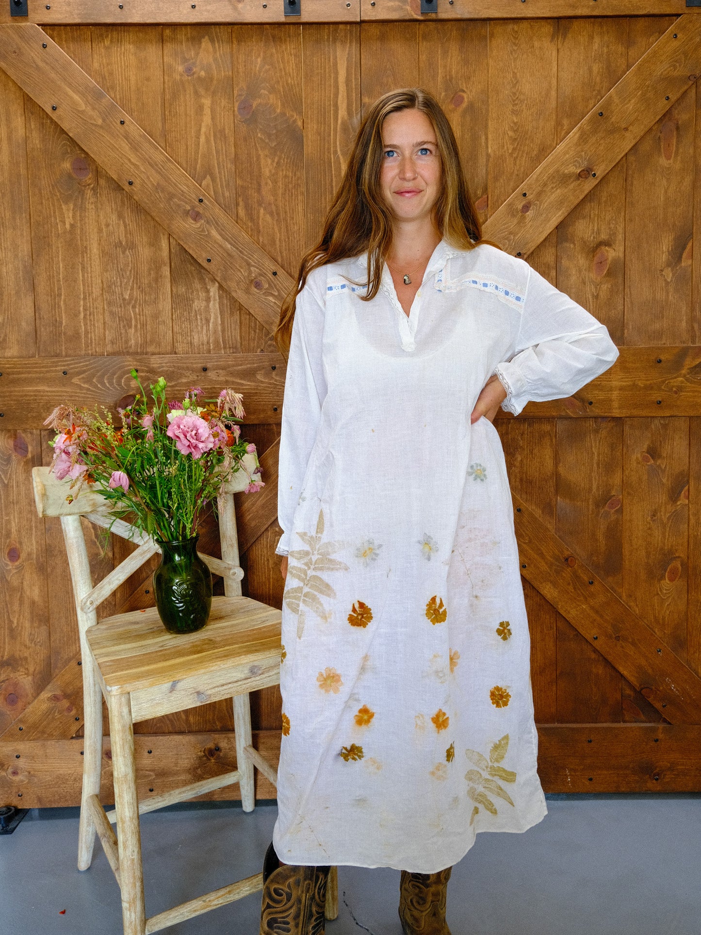 Antique European Eco-Printed Shirt Dress With Pink/Blue Ribbon
