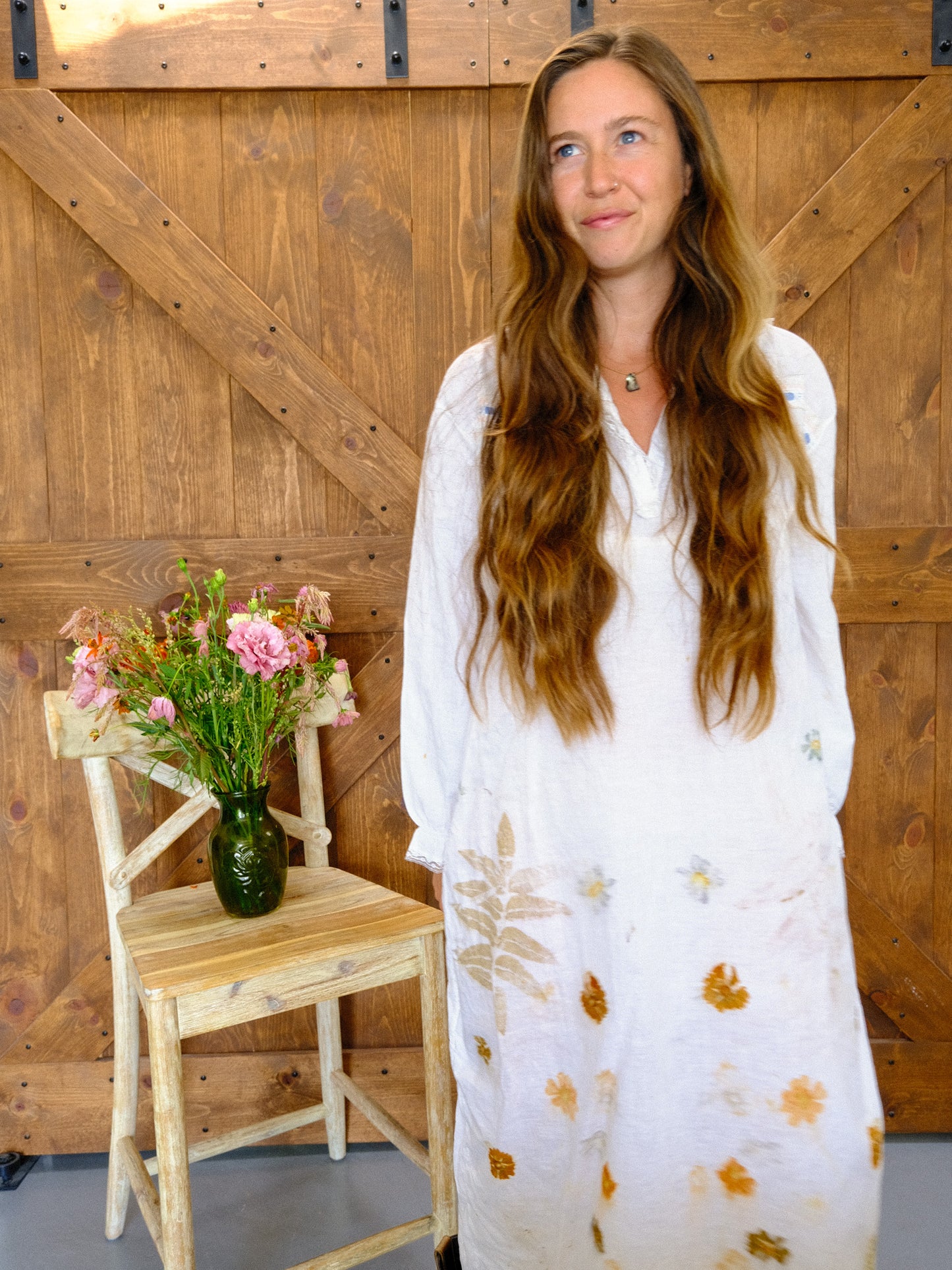 Antique European Eco-Printed Shirt Dress With Pink/Blue Ribbon