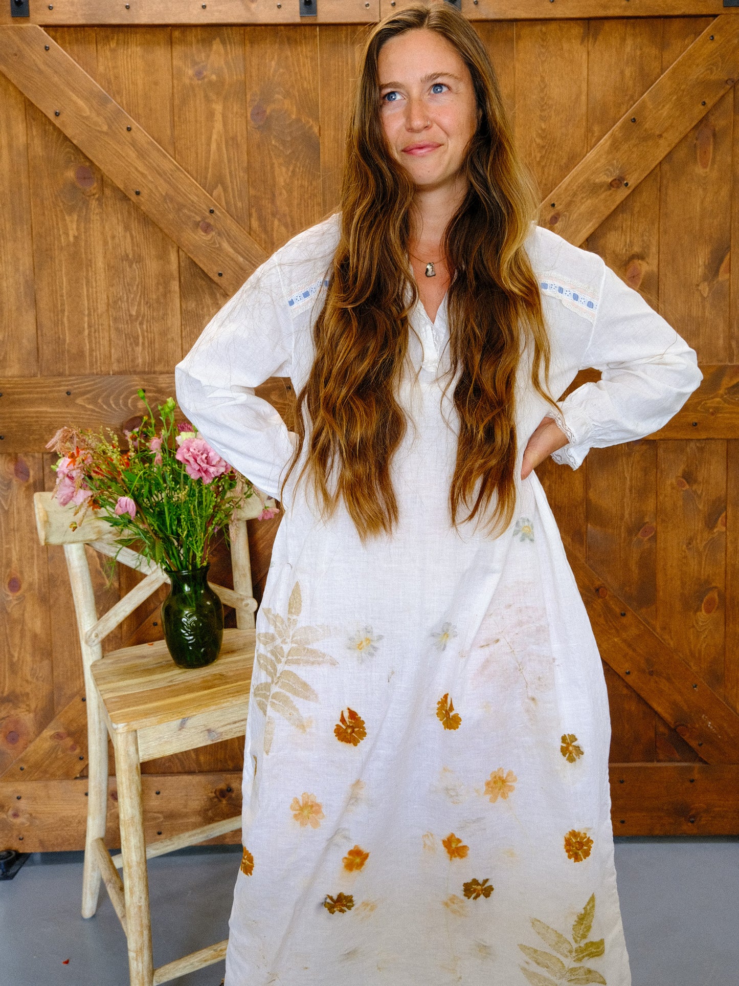 Antique European Eco-Printed Shirt Dress With Pink/Blue Ribbon