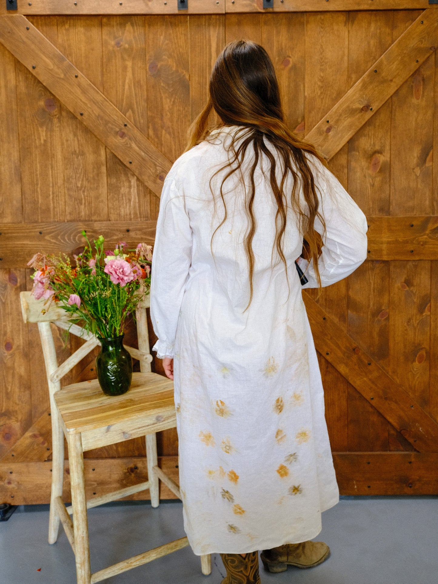 Antique European Eco-Printed Shirt Dress With Pink/Blue Ribbon