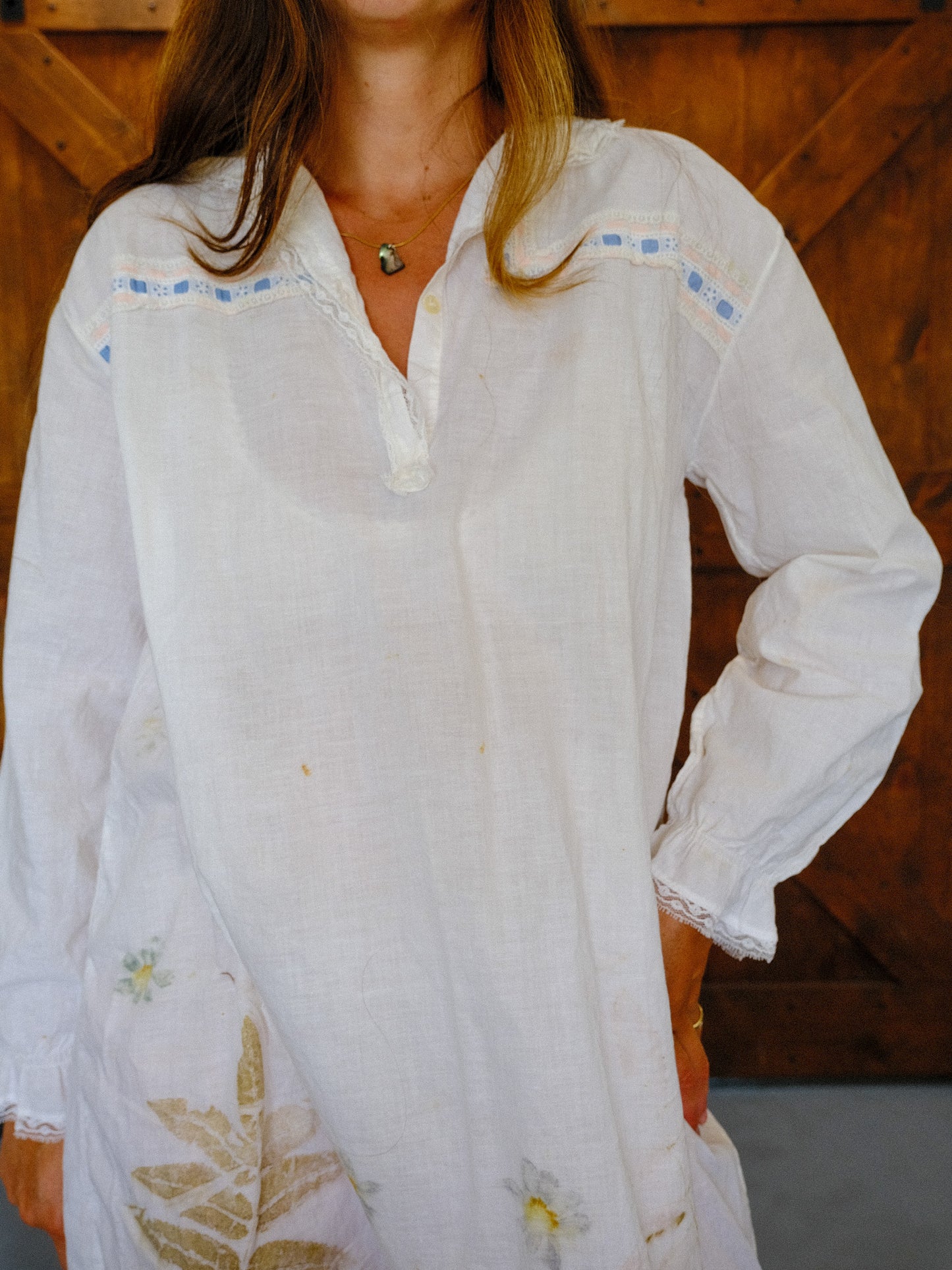Antique European Eco-Printed Shirt Dress With Pink/Blue Ribbon