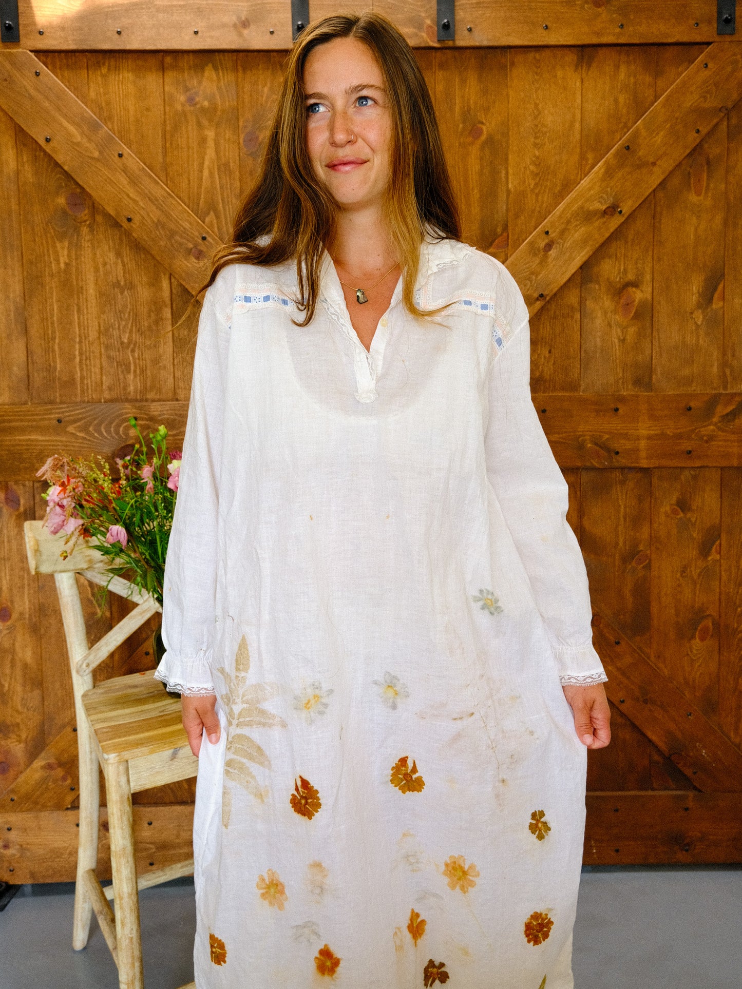 Antique European Eco-Printed Shirt Dress With Pink/Blue Ribbon