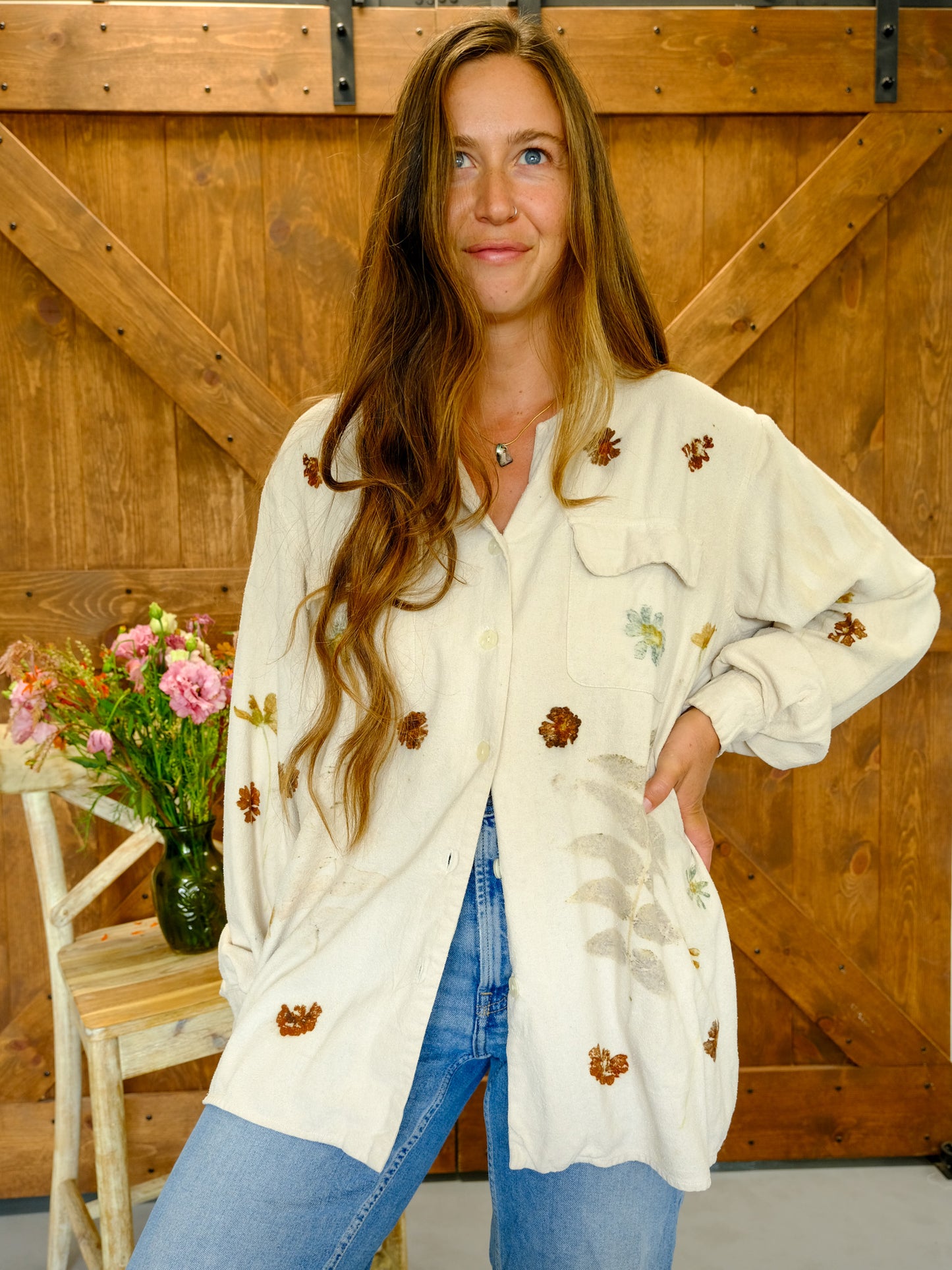 Eco-printed Raw Silk Long Sleeve Blouse