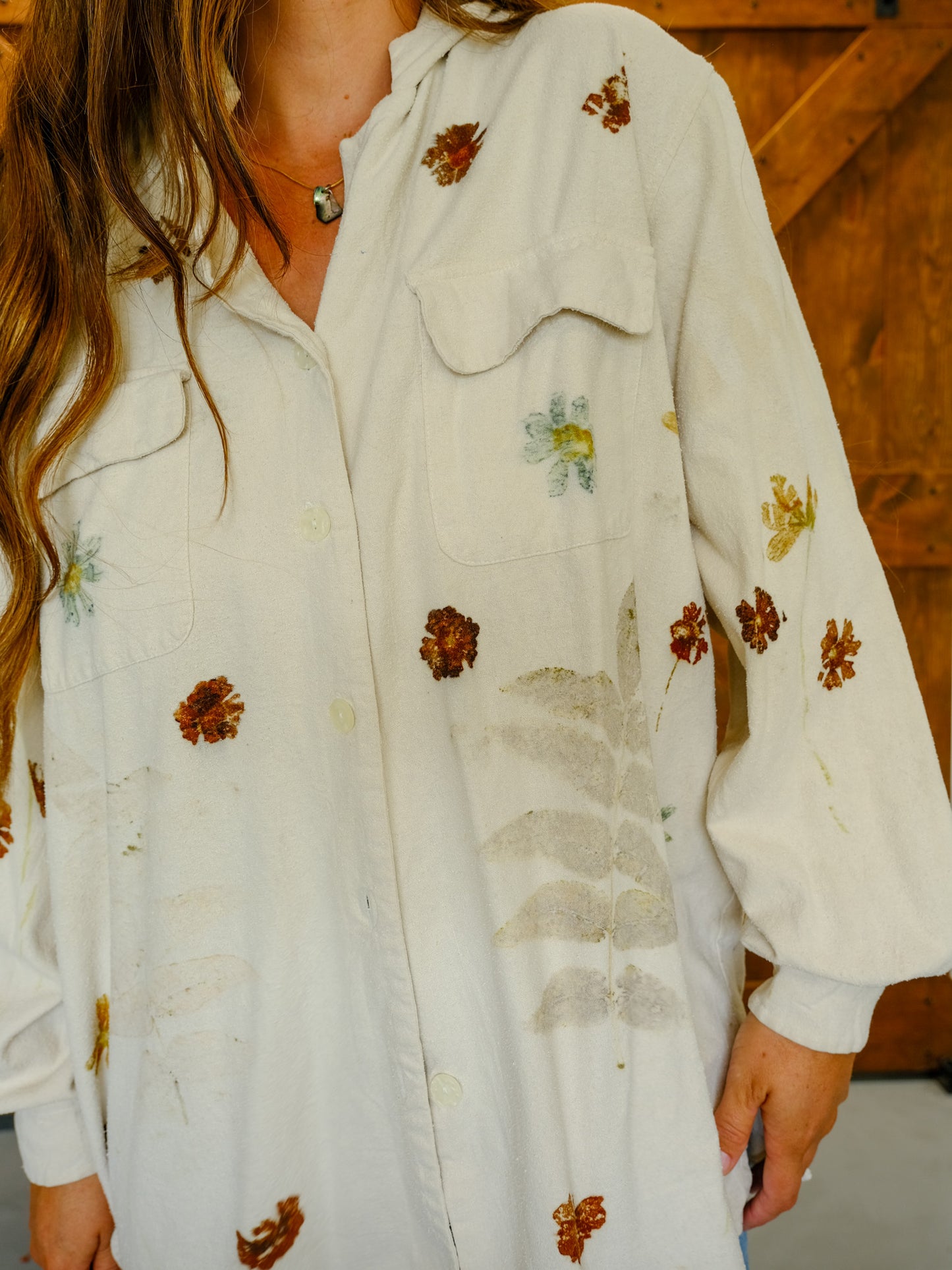 Eco-printed Raw Silk Long Sleeve Blouse