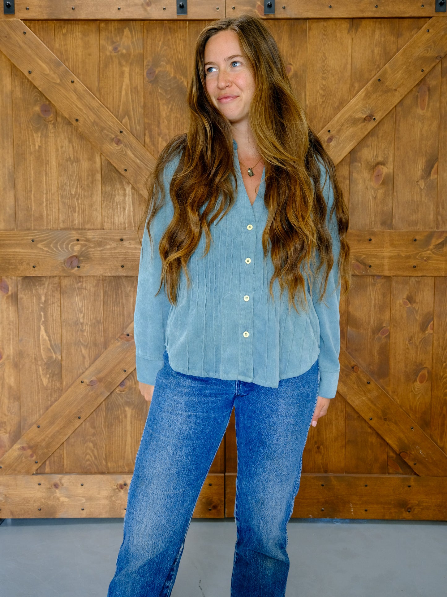 Indigo Corduroy Pleated Bouse