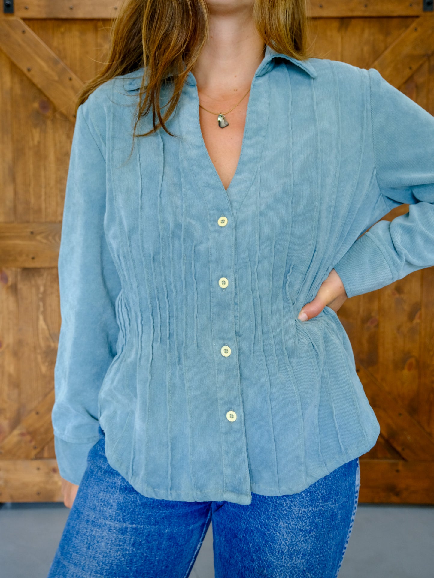 Indigo Corduroy Pleated Bouse