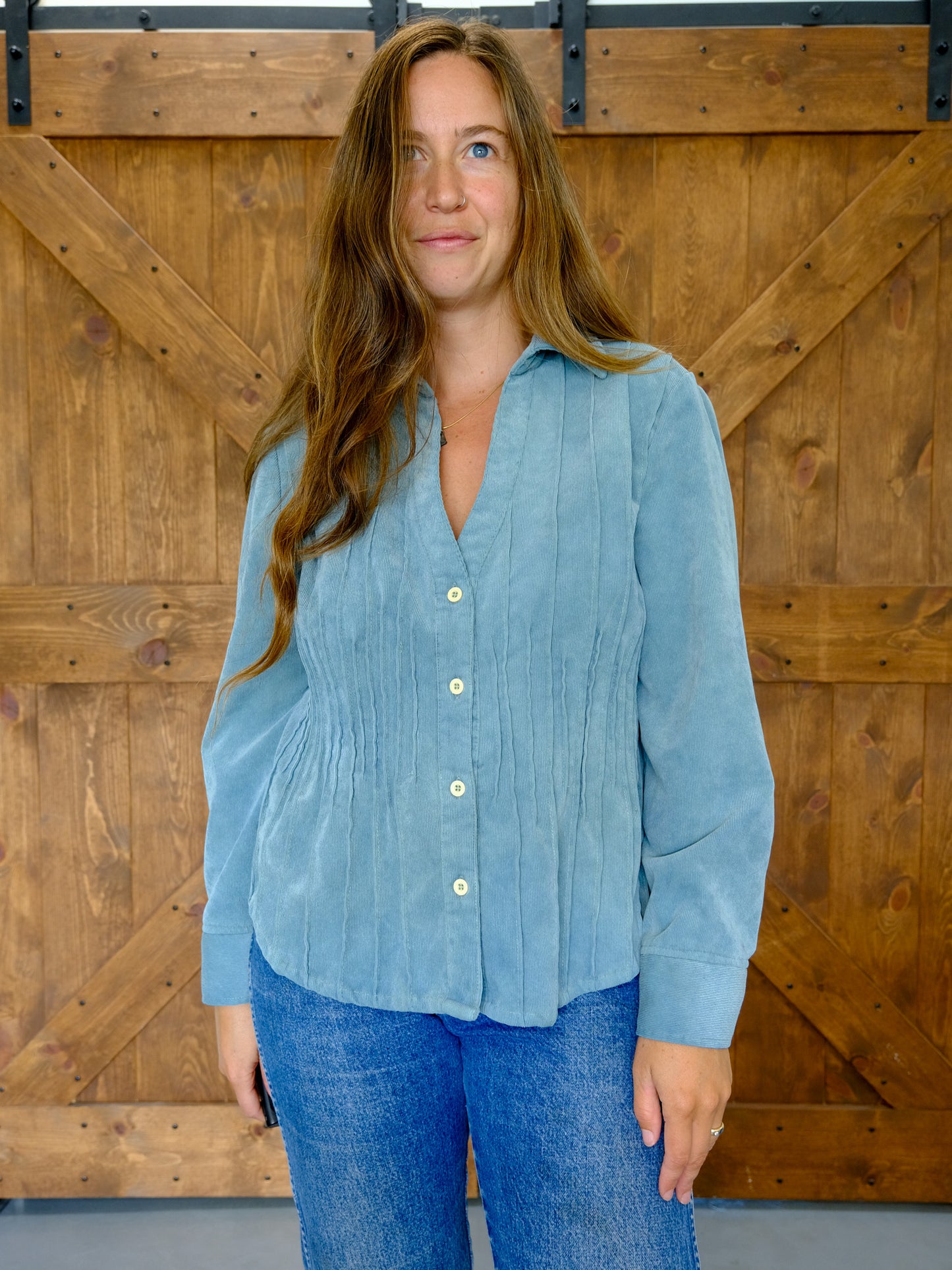 Indigo Corduroy Pleated Bouse