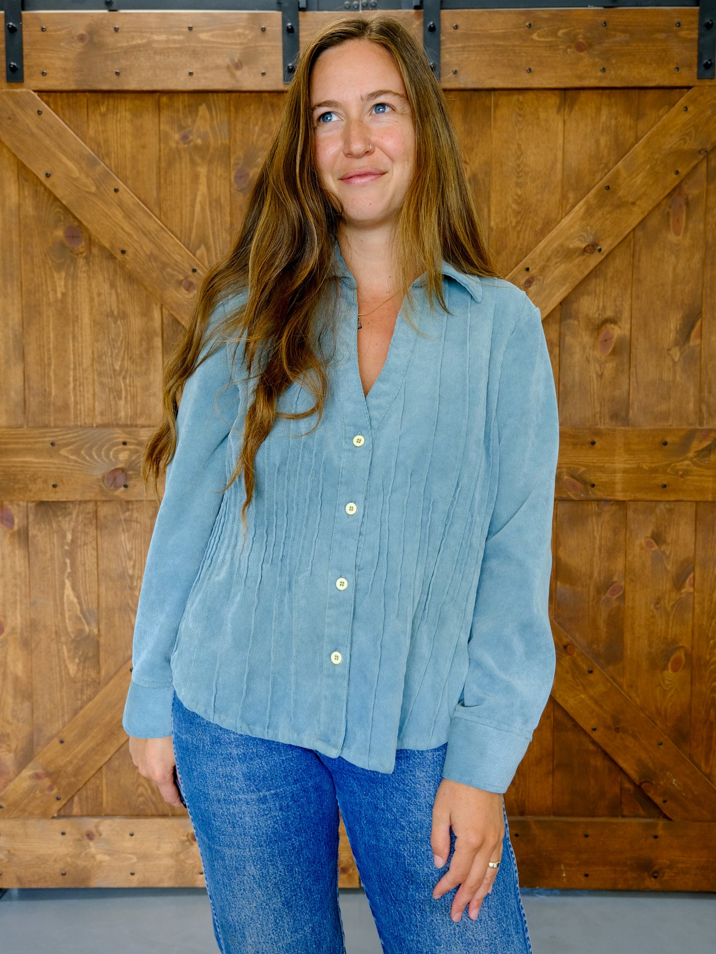 Indigo Corduroy Pleated Bouse