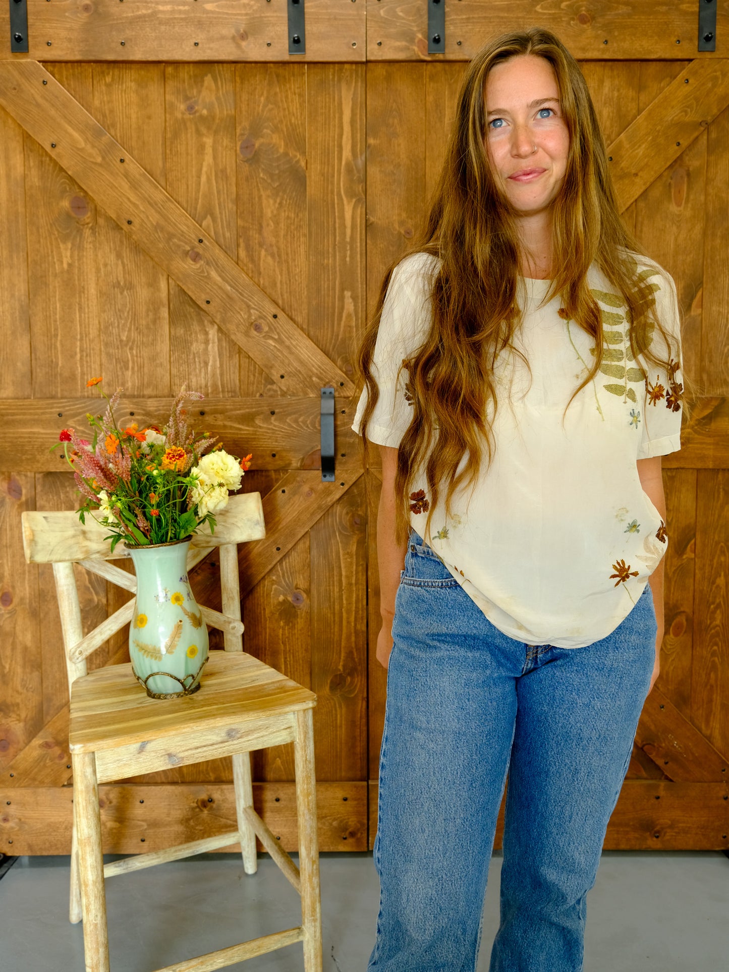 Eco-printed Silk Short Sleeve Blouse