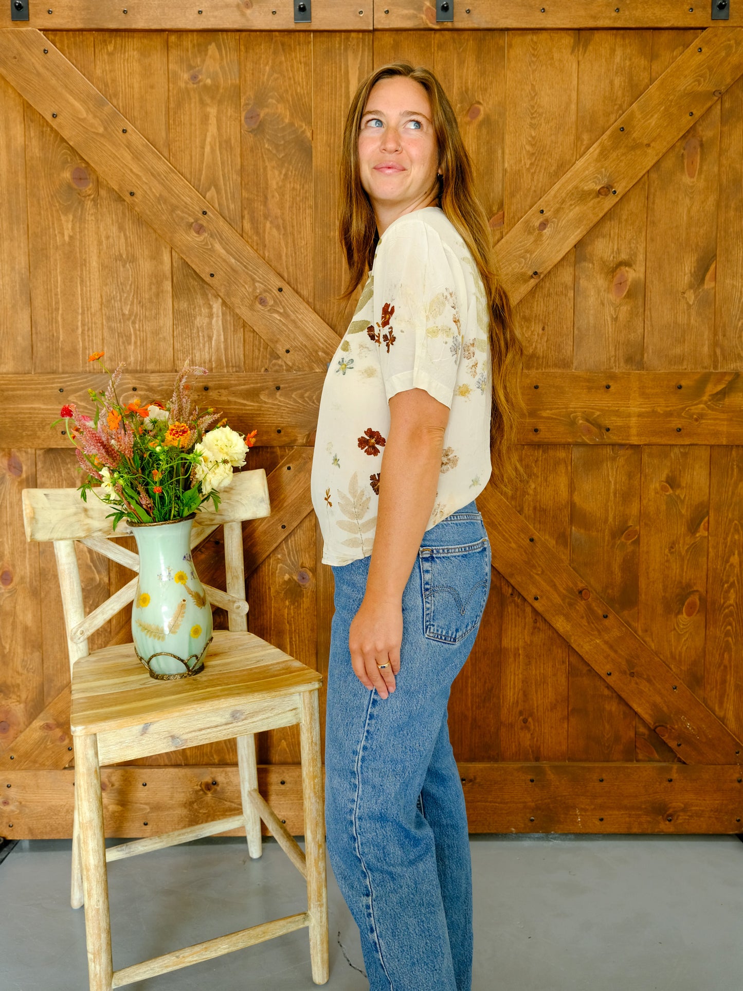 Eco-printed Silk Short Sleeve Blouse