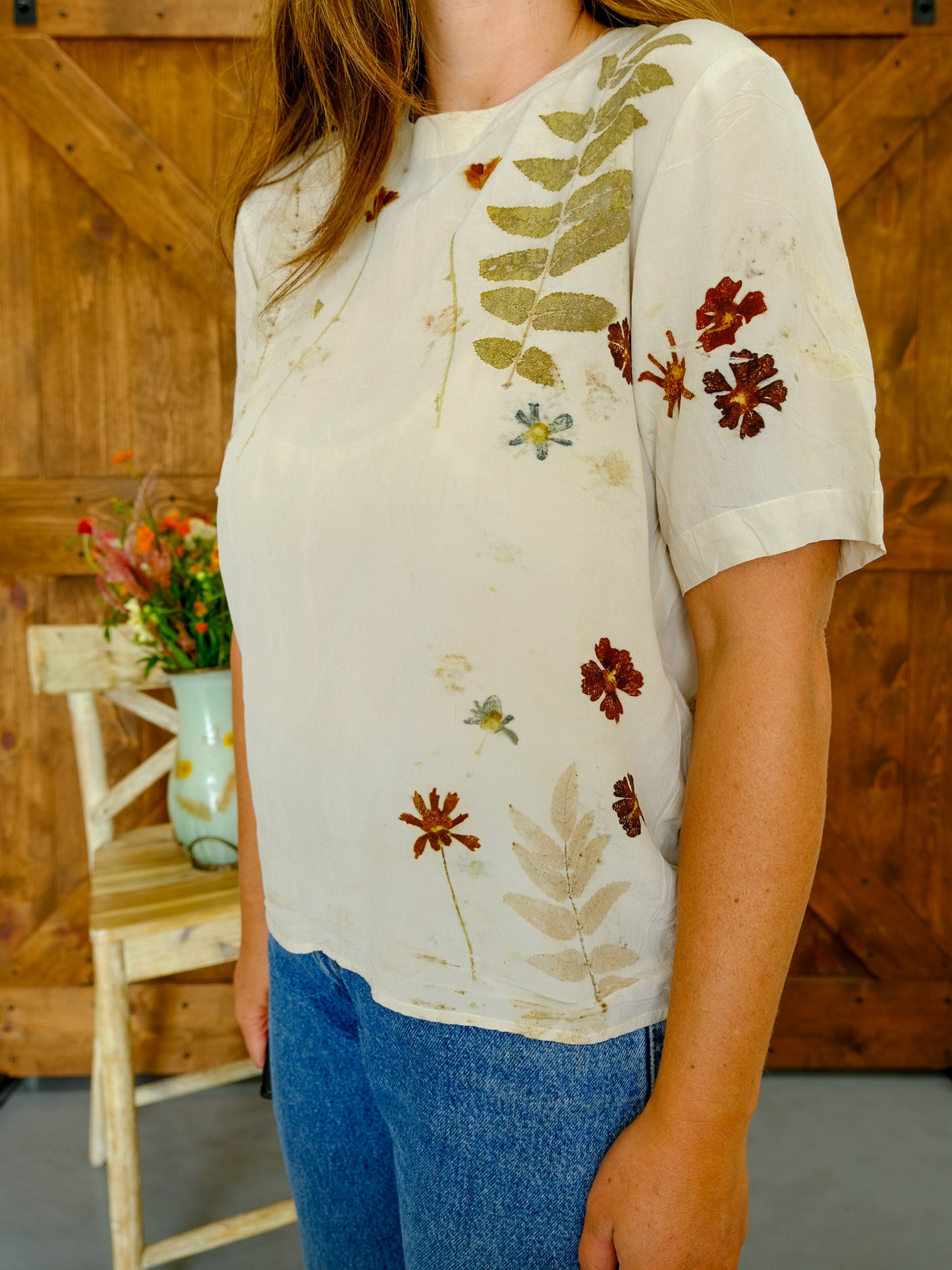 Eco-printed Silk Short Sleeve Blouse