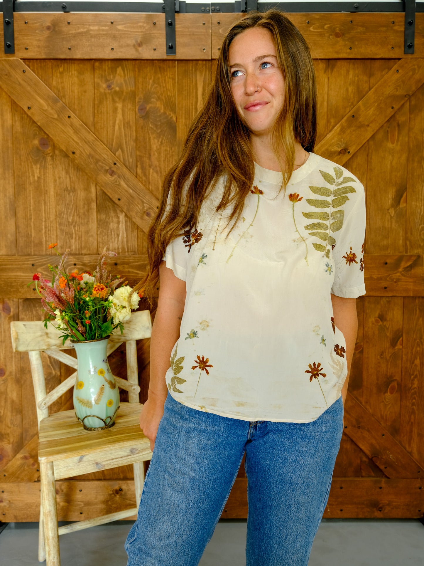 Eco-printed Silk Short Sleeve Blouse
