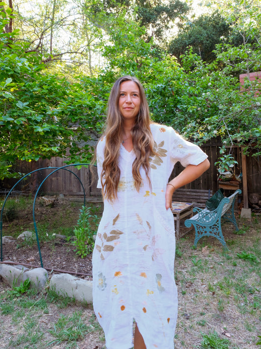 Eco-printed Linen V-neck Dress