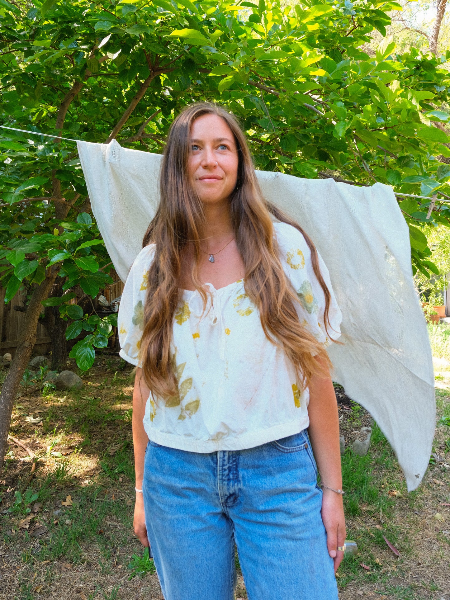 Eco-printed Elastic Band Puff Sleeve Blouse