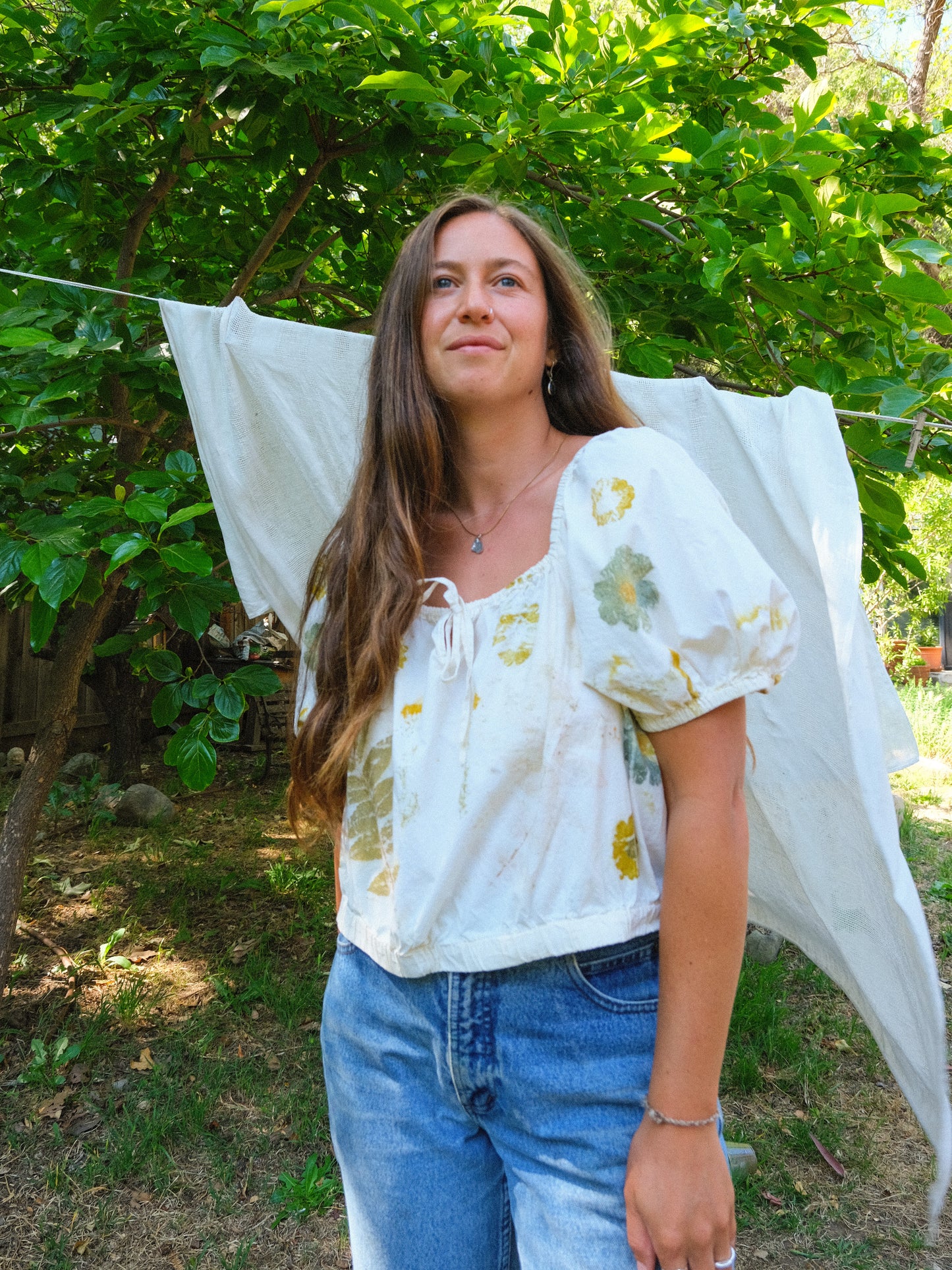 Eco-printed Elastic Band Puff Sleeve Blouse