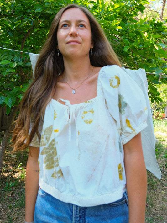 Eco-printed Elastic Band Puff Sleeve Blouse