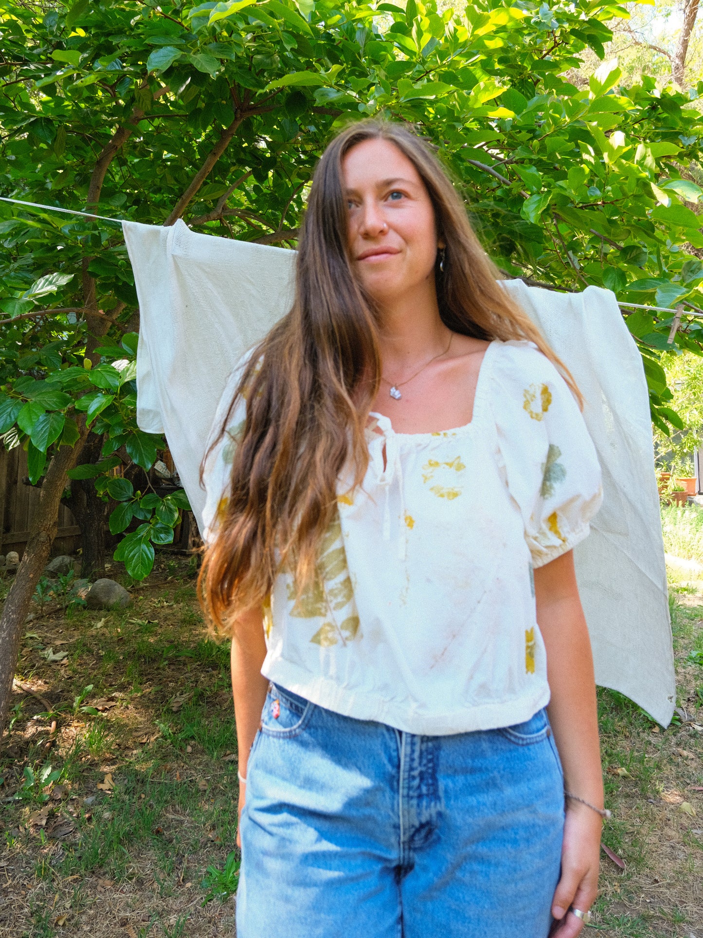 Eco-printed Elastic Band Puff Sleeve Blouse