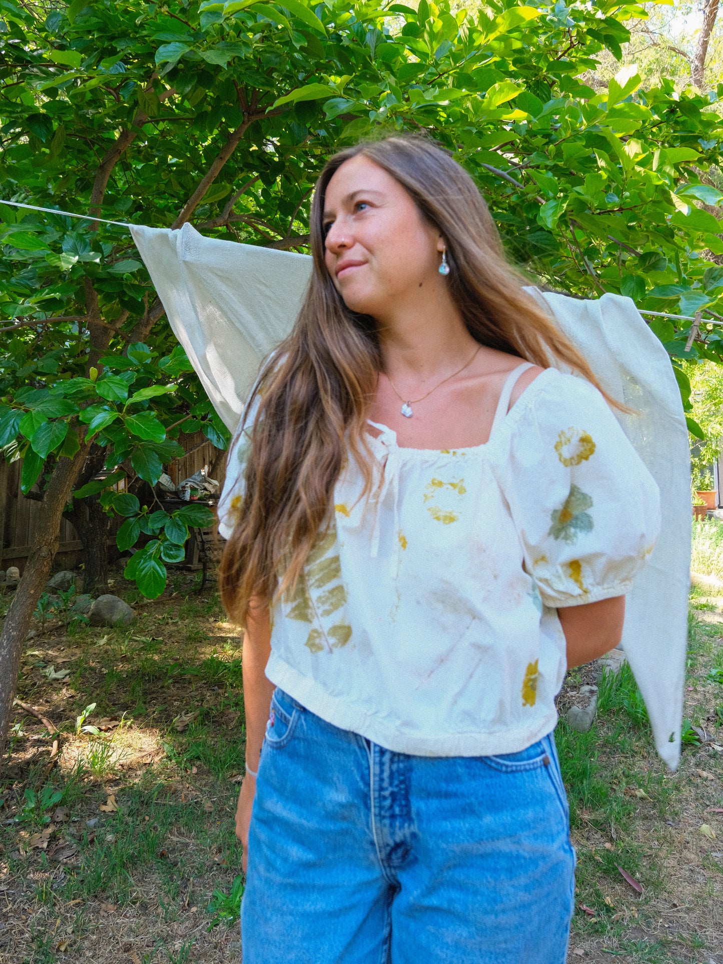 Eco-printed Elastic Band Puff Sleeve Blouse