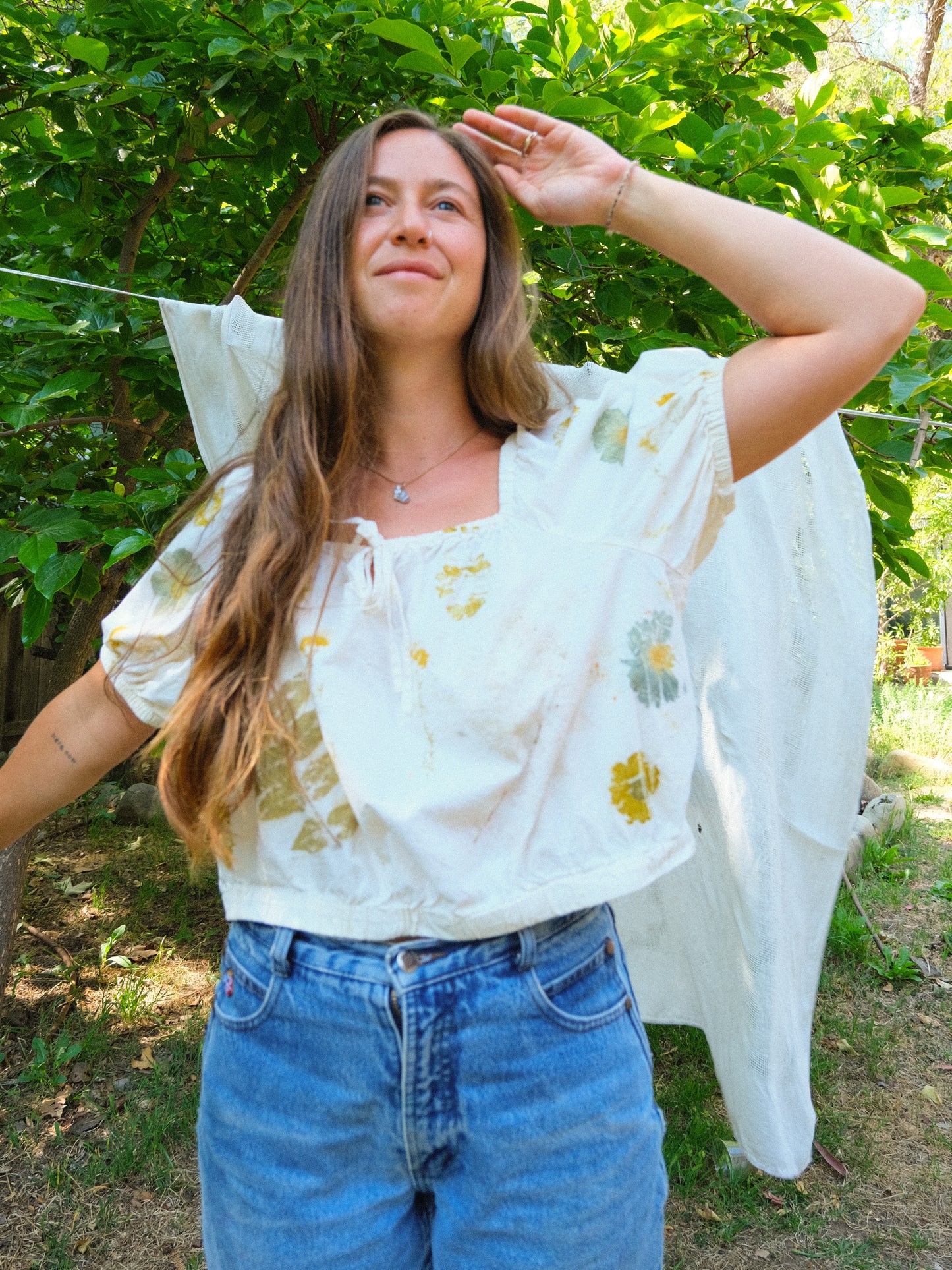 Eco-printed Elastic Band Puff Sleeve Blouse