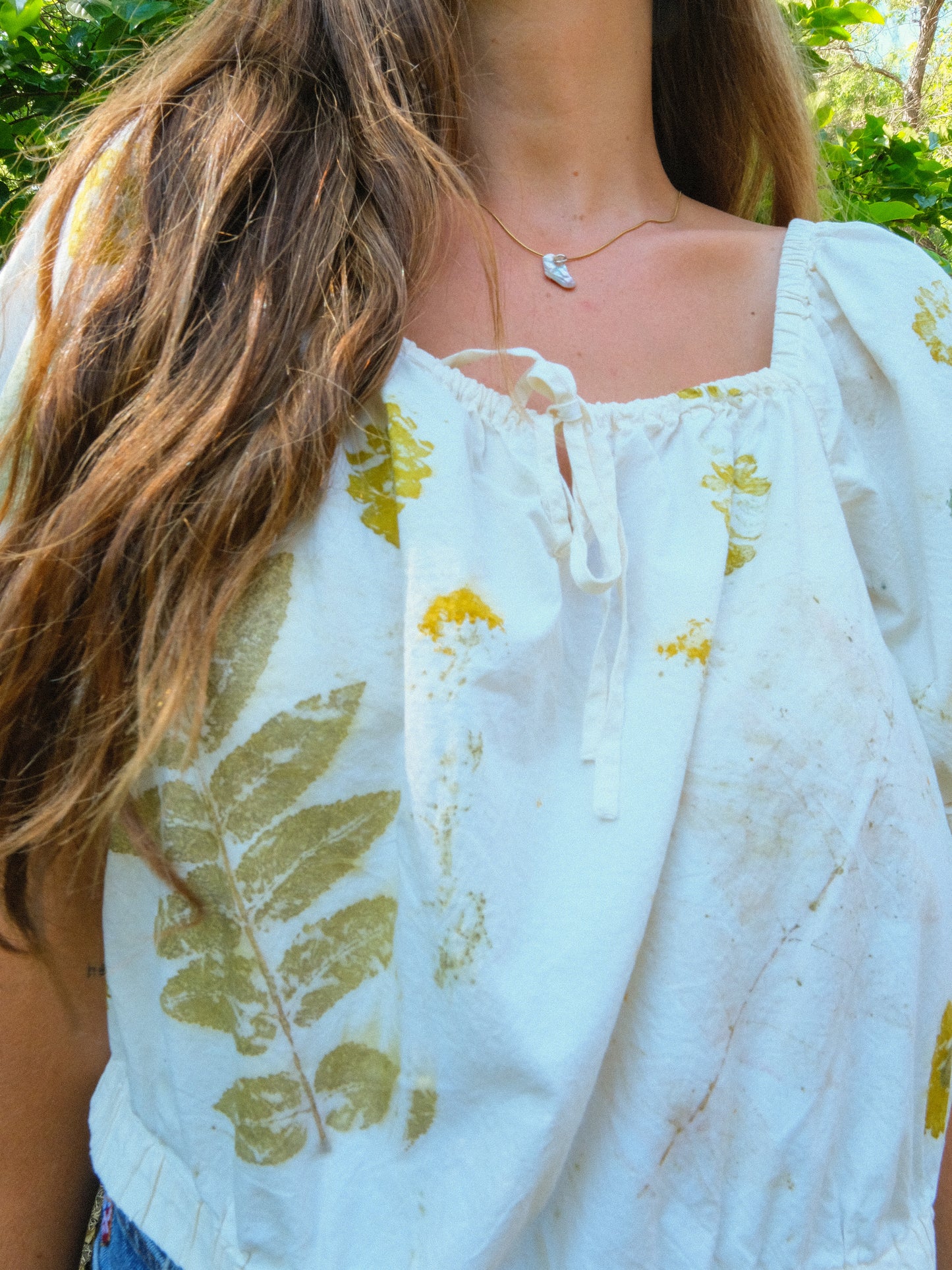 Eco-printed Elastic Band Puff Sleeve Blouse