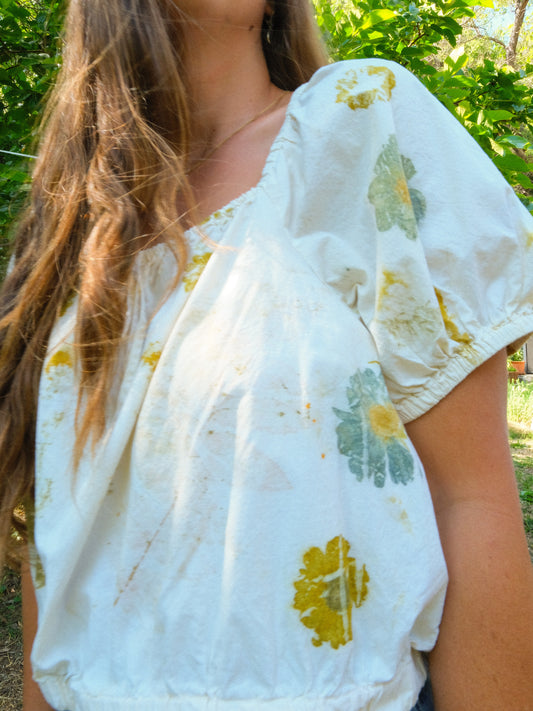 Eco-printed Elastic Band Puff Sleeve Blouse